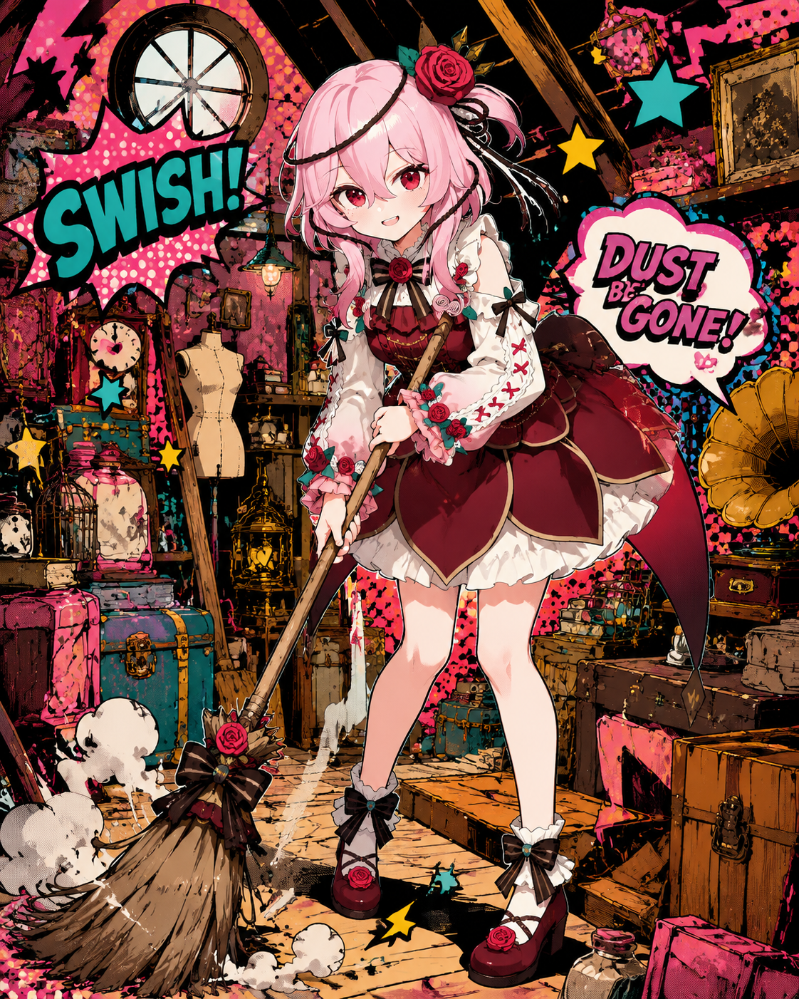 Sweeping the floor with a tattered broom In a cluttered attic full of antiques (vibrant pop art with bold patterns)