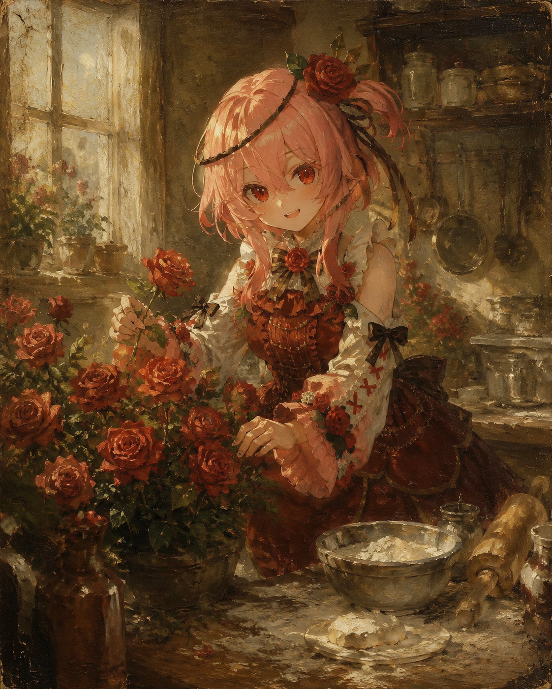 Tending to a cluster of blooming red roses In a cozy kitchen filled with flour dust (classic oil painting on aged canvas)