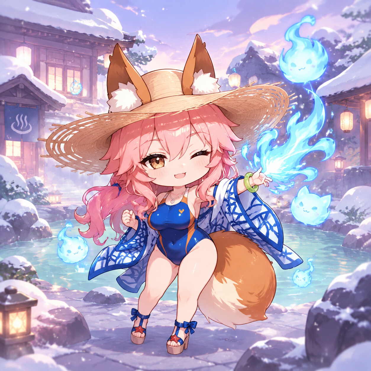 Casting a blue spirit-fire spell at a snowy hot spring resort (cute chibi style)