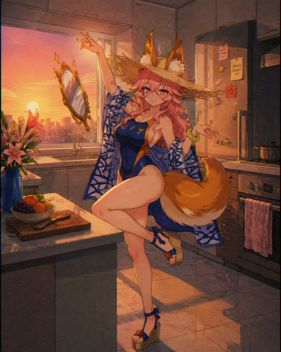 Dancing gracefully with her mirror floating at a modern kitchen counter at sunrise (retro 90s anime aesthetic)
