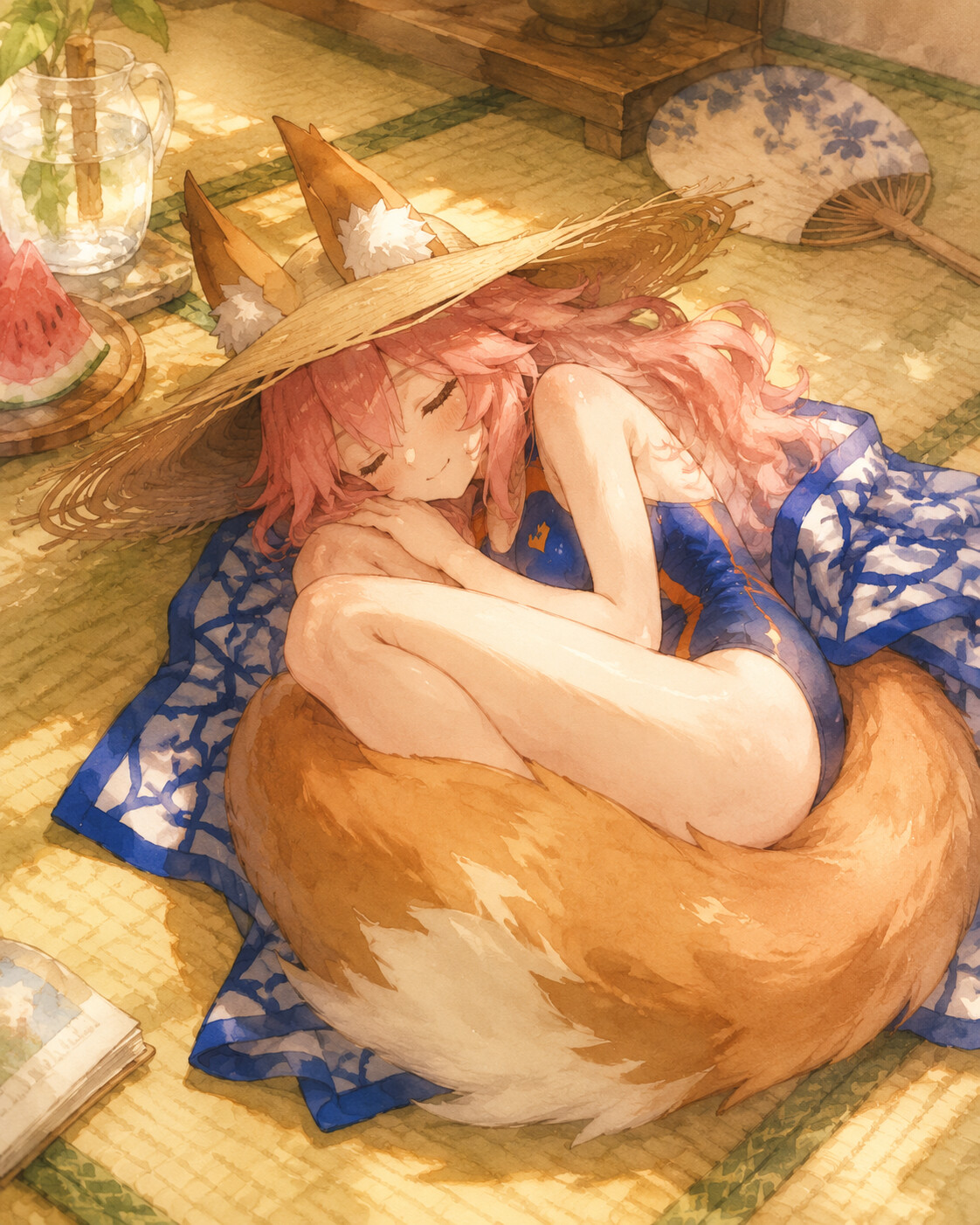 Napping curled up like a fox on a cozy tatami mat floor (soft watercolor anime)