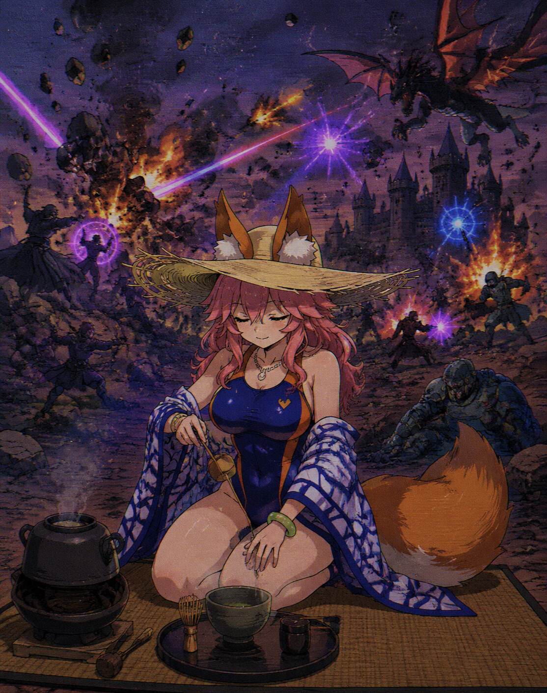 Preparing a traditional tea ceremony in a chaotic magical battlefield (retro 90s anime aesthetic)