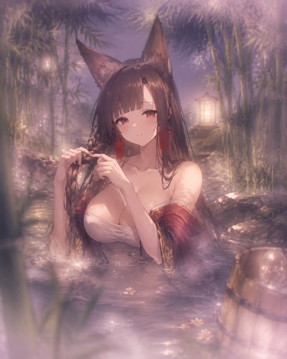 Braiding a strand of her long dark hair At a tranquil hot spring hidden by bamboo (Ethereal dreamcore with blurred glowing edges)
