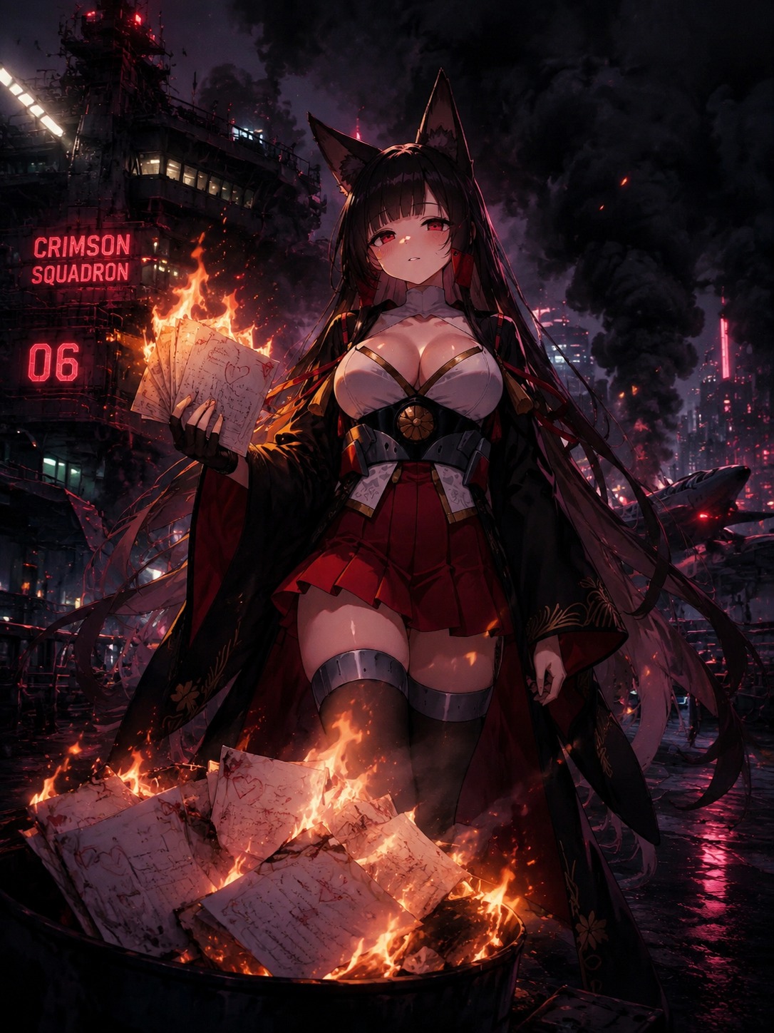 Burning a stack of rival love letters On the flight deck amidst billowing black smoke (Gritty cyberpunk aesthetic with neon highlights)