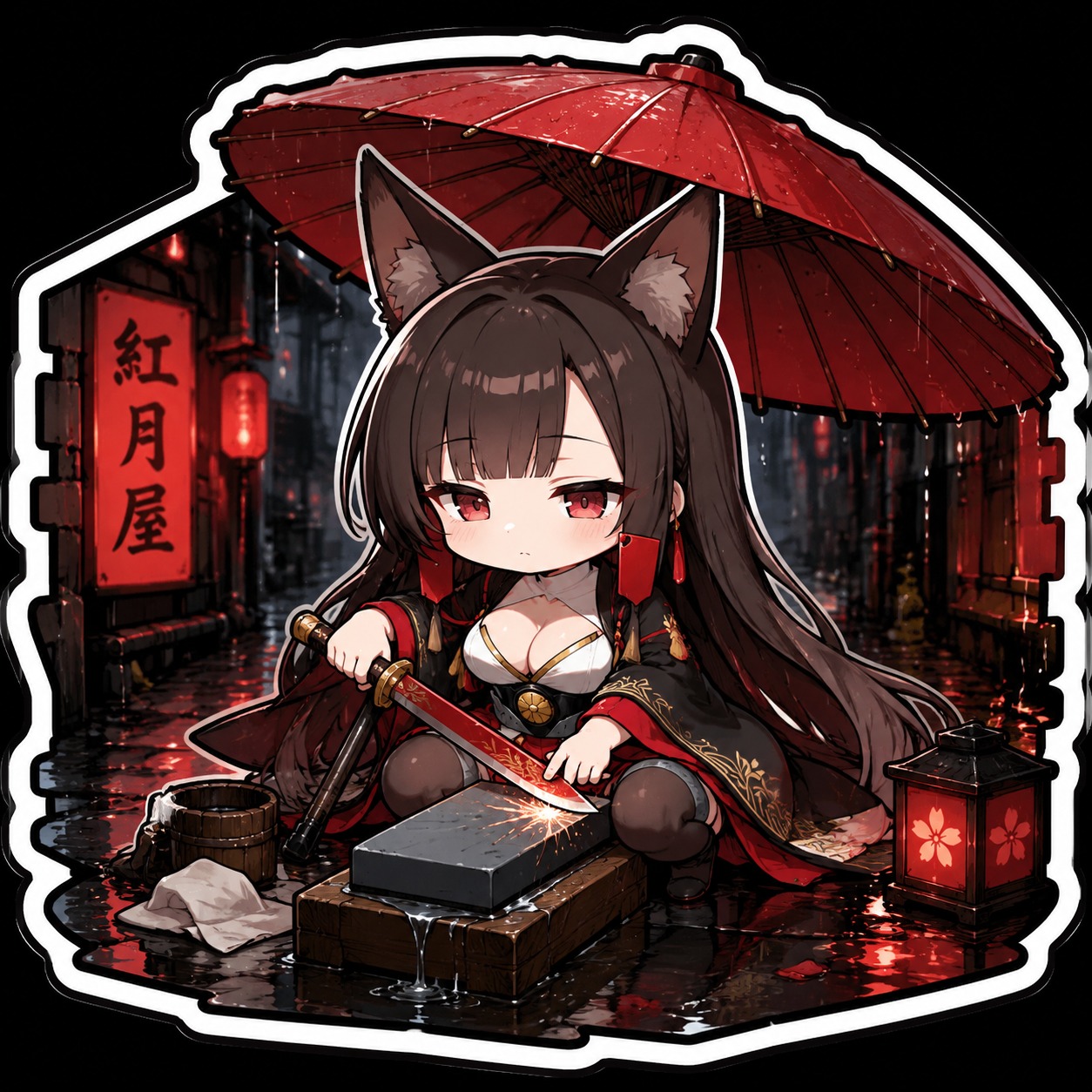 Sharpening a ceremonial crimson tantō In a rain-slicked alleyway under a red umbrella (Chibi-style sticker art with thick outlines)