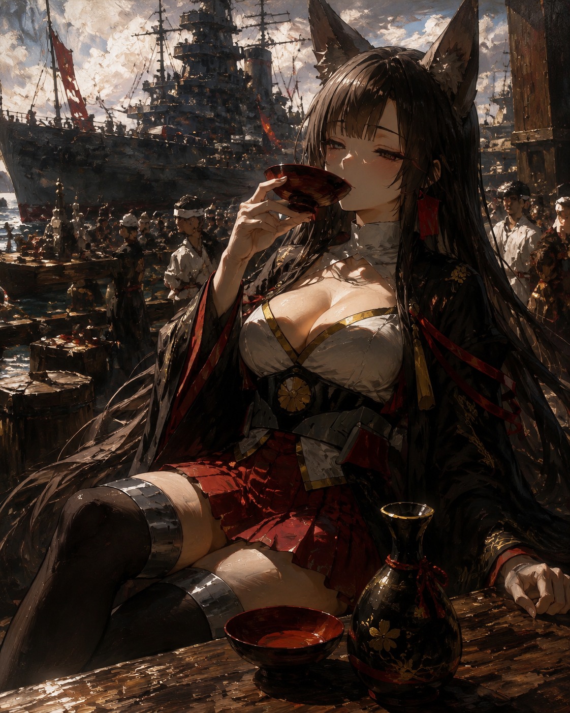 Sipping high-quality sake from a lacquered bowl At a bustling naval dockyard under the midday sun (Moody oil painting with heavy chiaroscuro)