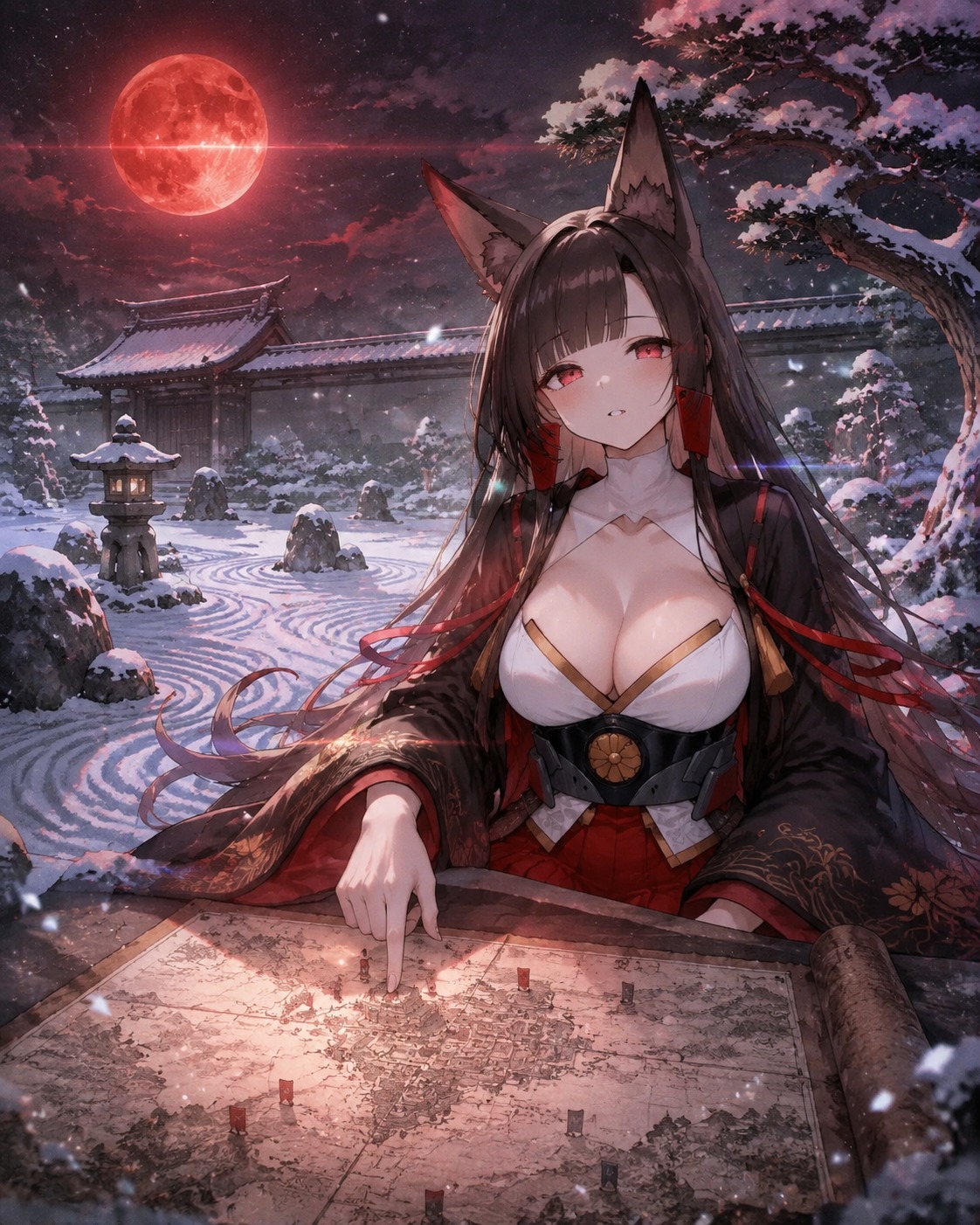 Tracing a finger over a tactical map In a snowy Zen garden under a blood moon (Soft watercolor anime with lens flare)