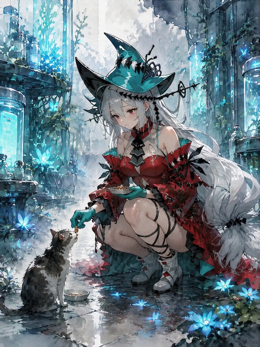 Feeding a stray cat In a futuristic bioluminescent laboratory (delicate watercolor, ink wash details)