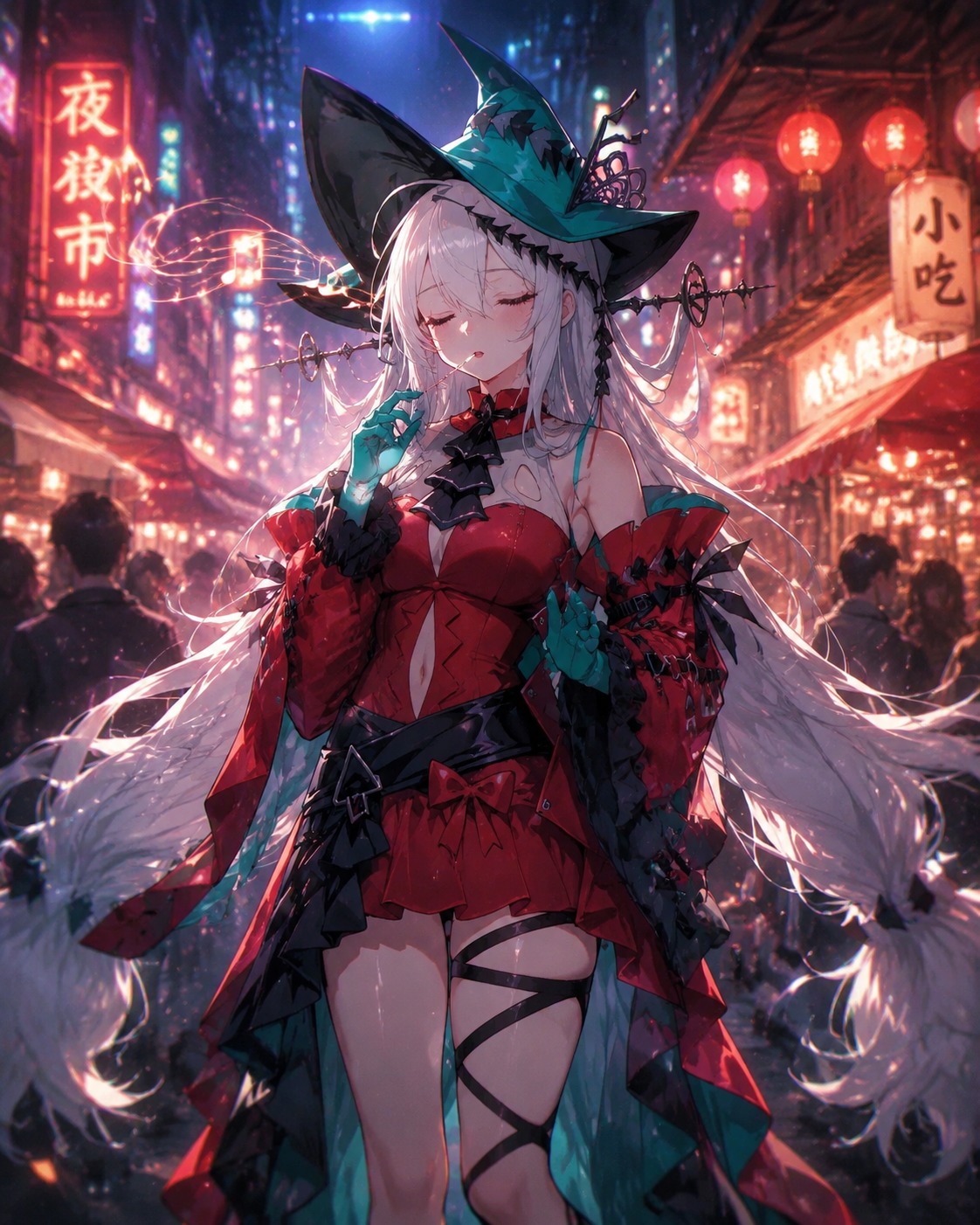 Humming a haunting melody At a bustling neon-lit night market (ethereal digital painting, soft glowing particles)