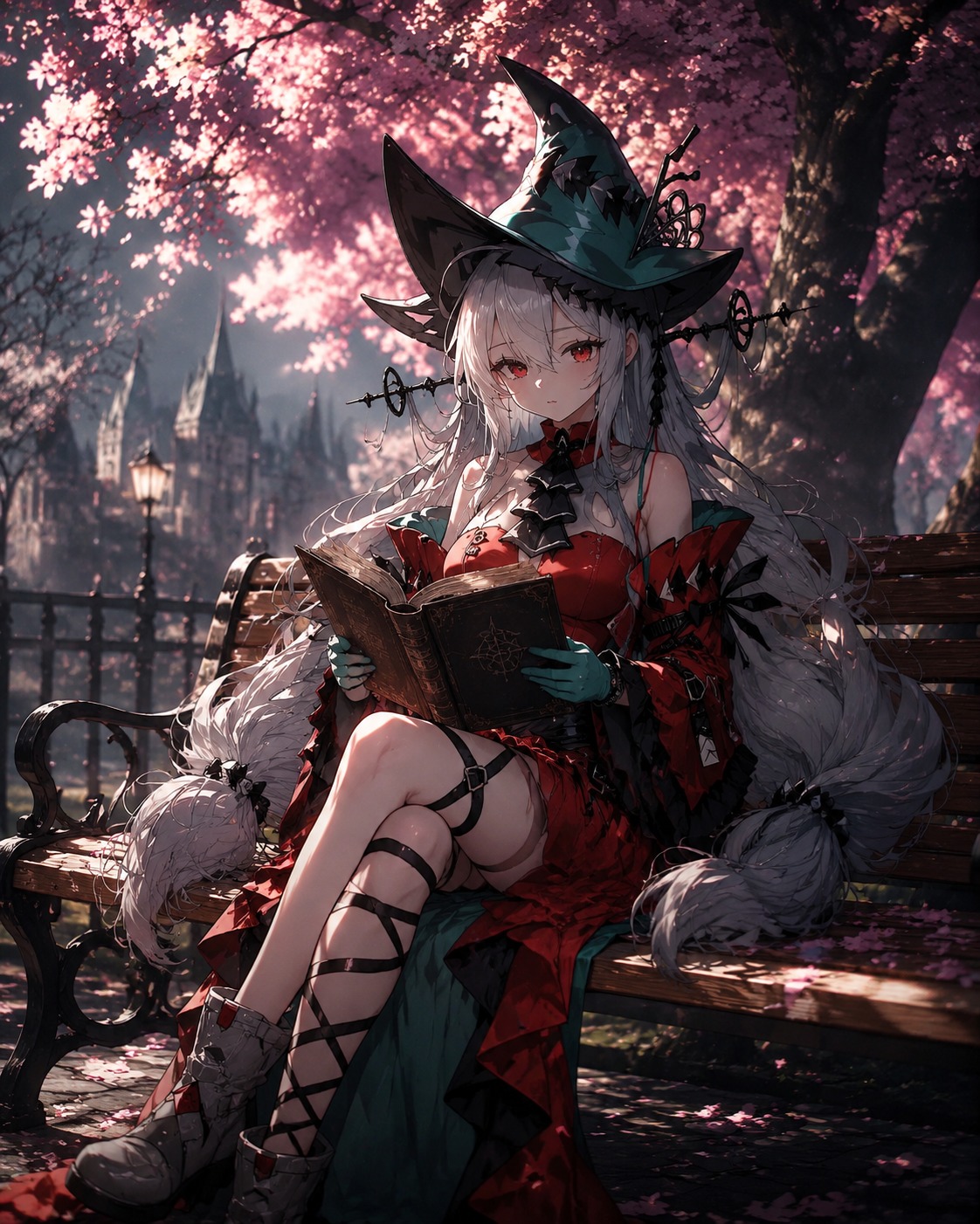 Reading a weathered storybook On a sunny park bench under cherry blossoms (cinematic dark fantasy, moody rim lighting)