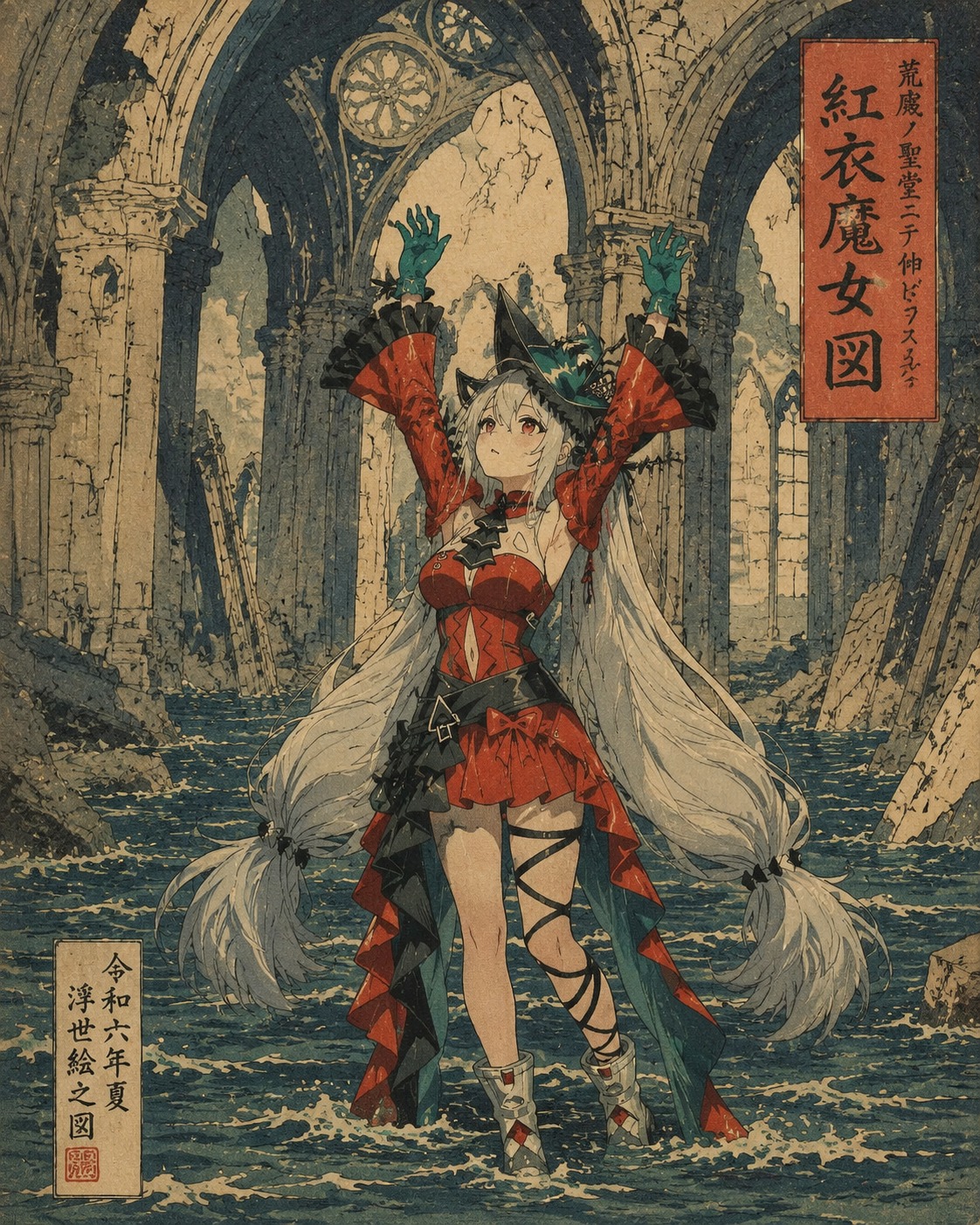 Stretching her arms toward the sky In a flooded cathedral ruins (classic Ukiyo-e woodblock print style)