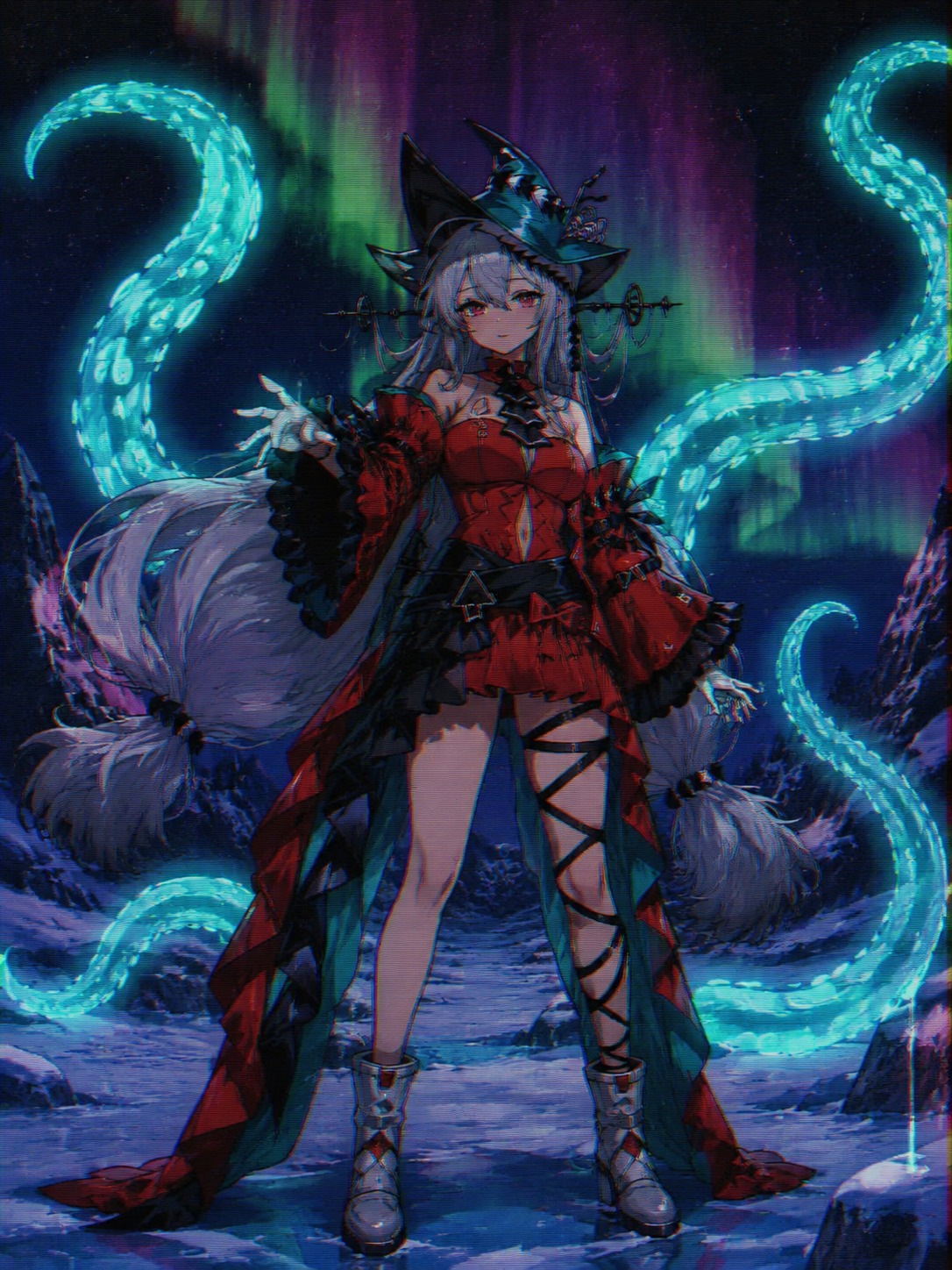 Summoning bioluminescent tentacles On a frozen tundra under the aurora (retro 90s anime style, lo-fi aesthetic)