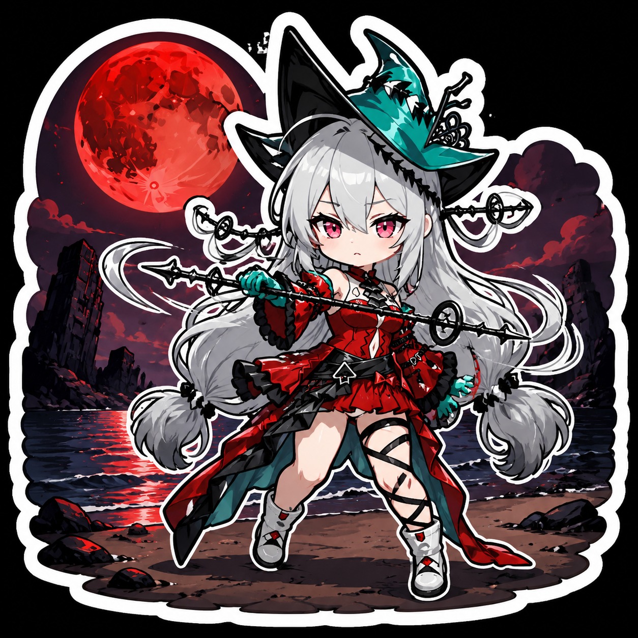 Twirling her staff like a baton At a desolate shoreline during a blood moon (chibi sticker art, vibrant flat colors)