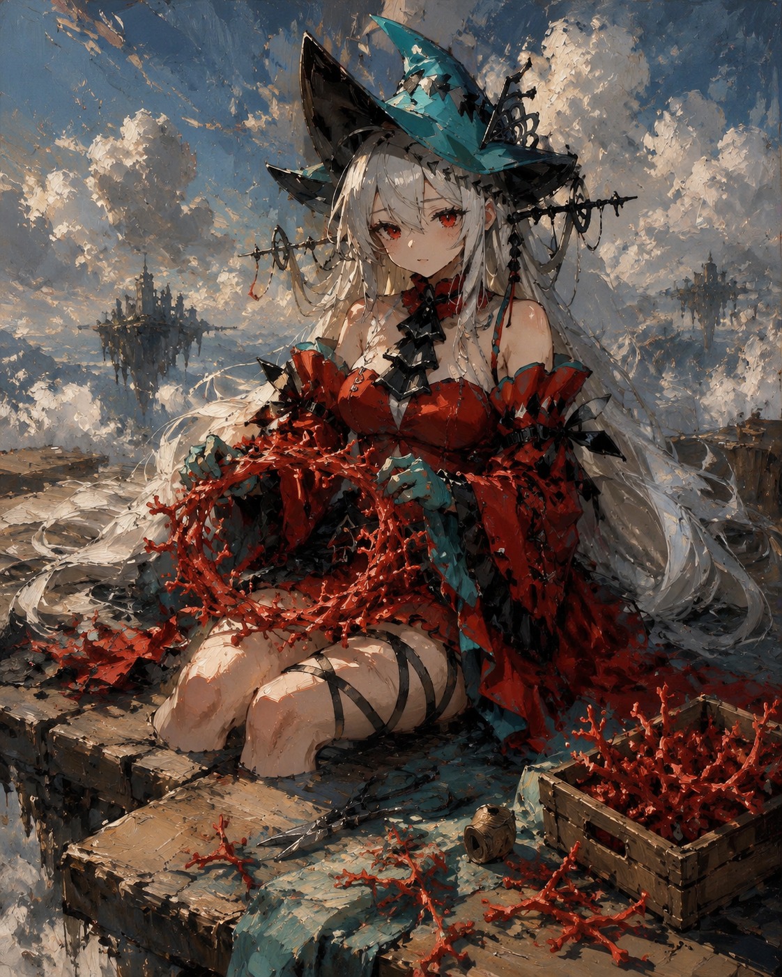 Weaving a wreath of red coral On a floating platform above the clouds (gritty oil painting, heavy brushstrokes)