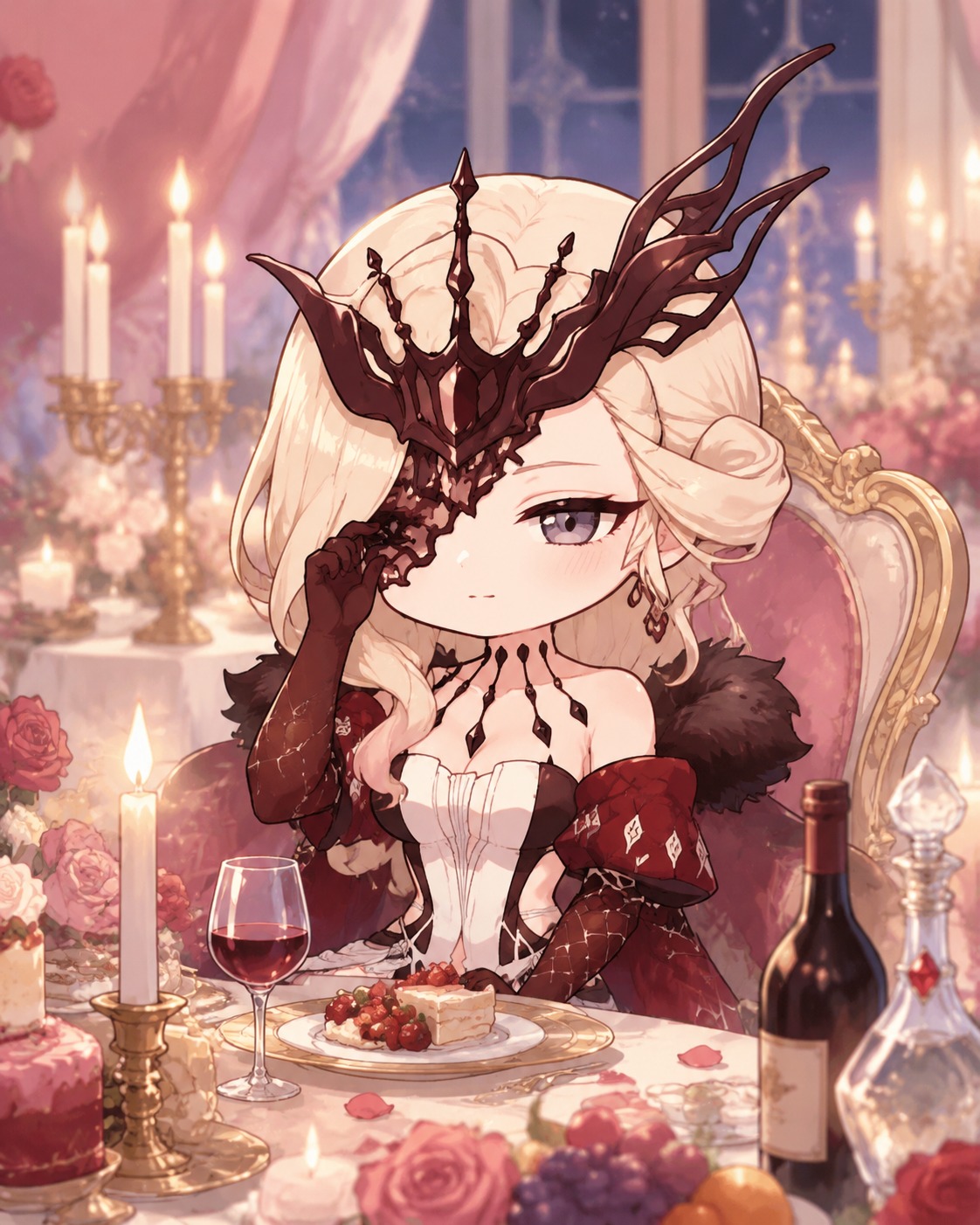 Adjusting her crimson lace mask with gloved fingers At a lavish banquet table lit by candles (chibi cute, soft pastel colors)