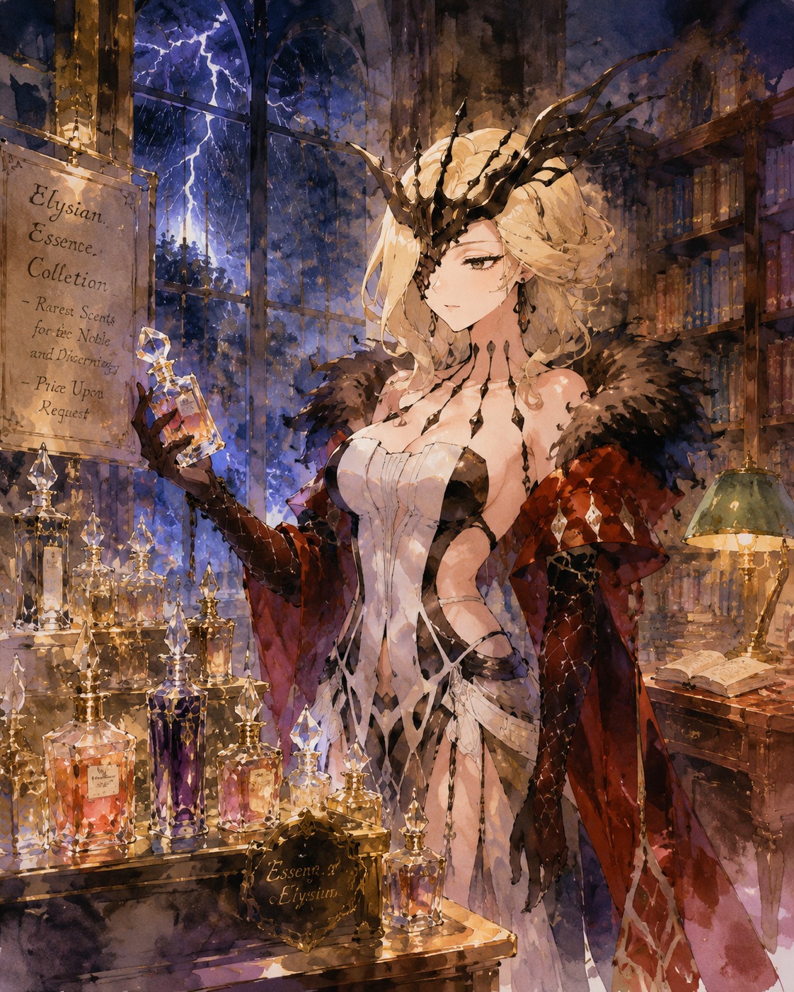 Browsing a stall of expensive perfumes At a quiet library during a thunderstorm (vivid watercolor, flowing translucent strokes)