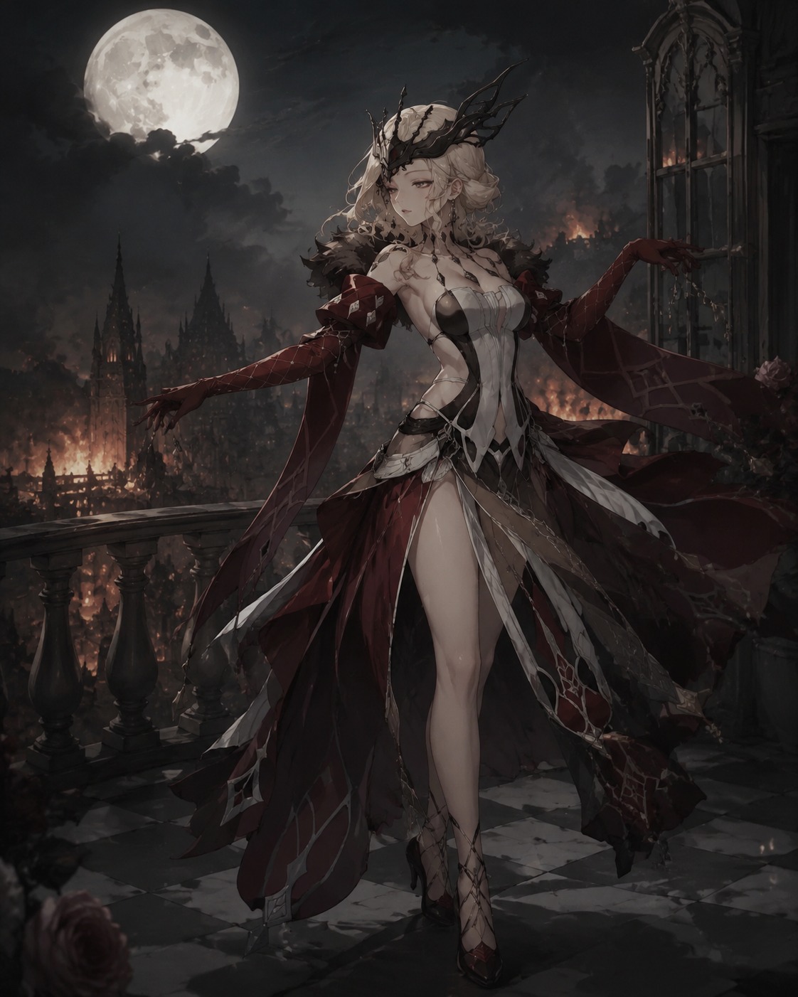 Dancing a lonely waltz in the moonlight On a balcony overlooking a burning city (victorian porcelain doll style, matte finish)