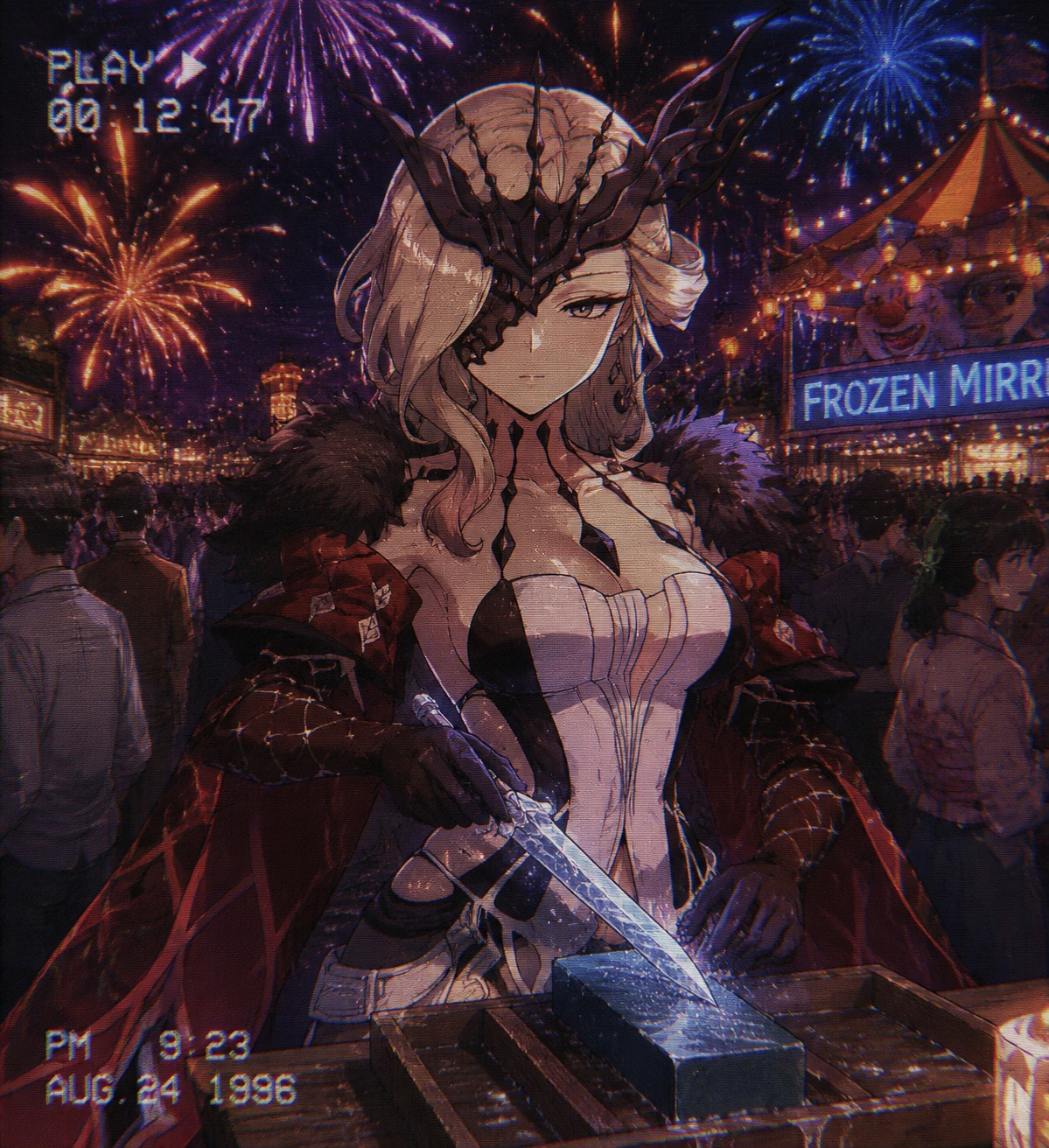 Sharpening a frozen needle with a whetstone At a crowded carnival under colorful fireworks (90s retro anime, grainy VHS aesthetic)