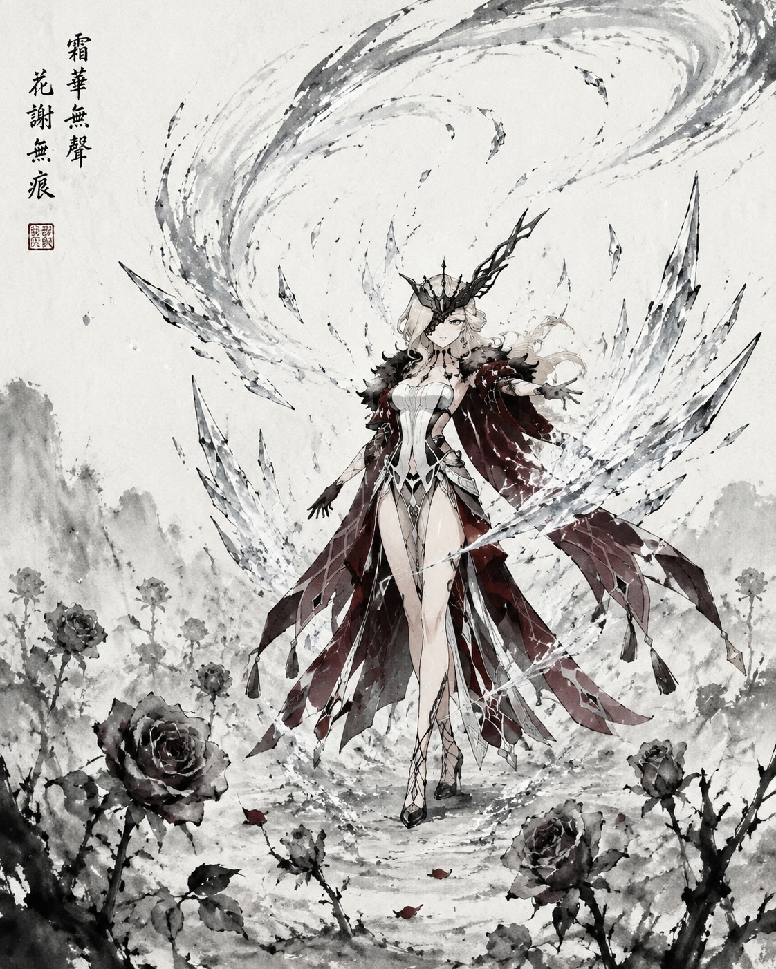 Summoning a swirling blizzard of jagged ice In a field of withered gray roses (minimalist ink wash, zen influence)