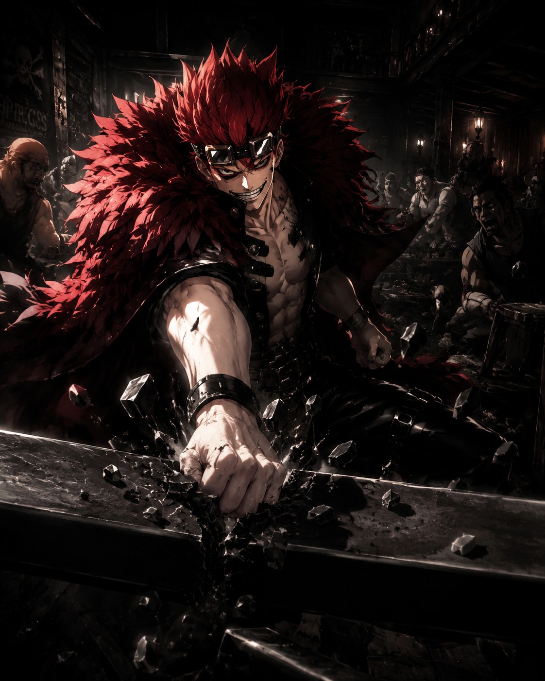 Crushing a heavy iron beam with his fist At a rowdy tavern in the middle of a brawl (cinematic noir with high contrast dramatic shadows)