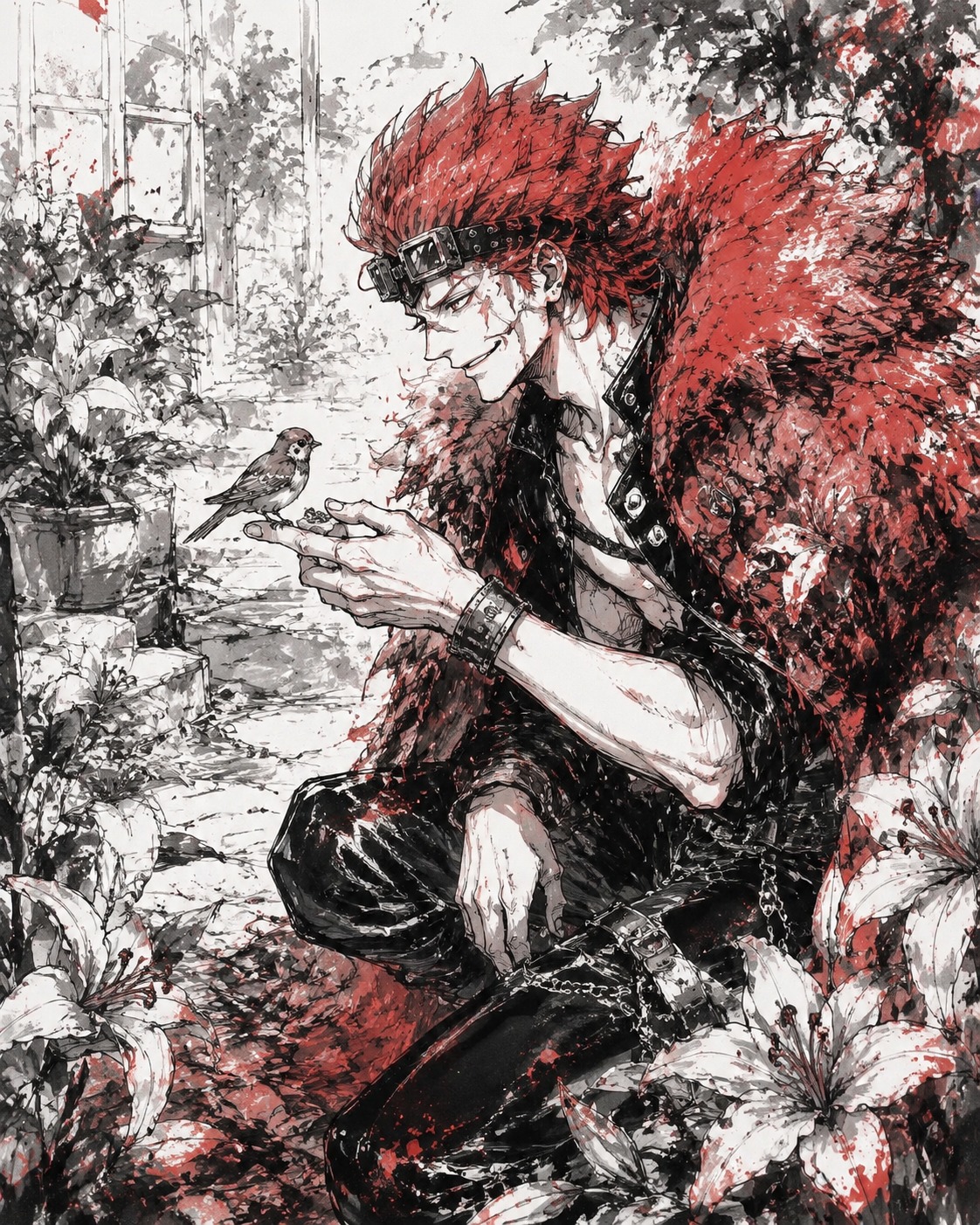 Feeding a tiny sparrow perched on his finger In a quiet botanical garden filled with blooming lilies (messy ink sketch with splattered red accents)