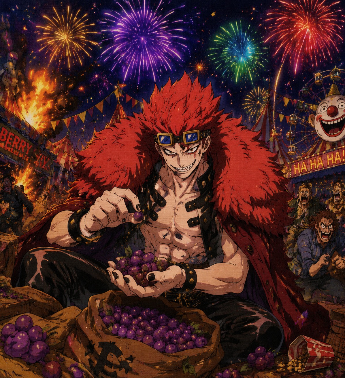 Grinning while counting a pile of stolen berries At a chaotic carnival under exploding colorful fireworks (retro 90s shonen anime grainy cel-shaded)