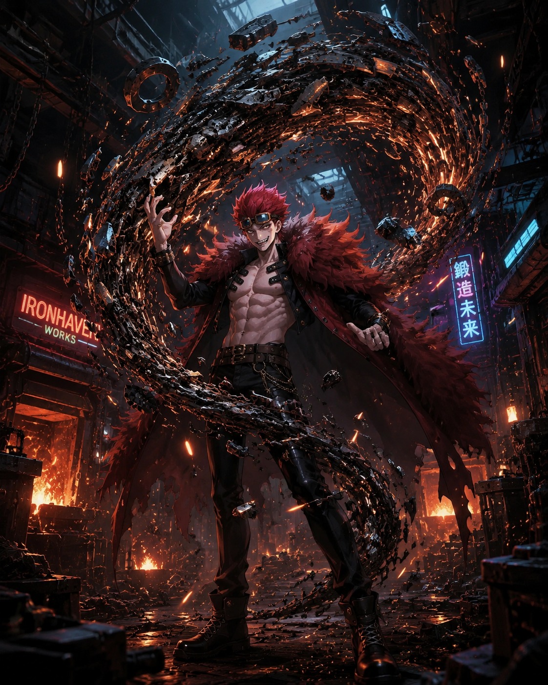 Manipulating a massive vortex of metallic scrap In a dimly lit blacksmith forge with glowing embers (gritty cyberpunk aesthetic with neon highlights)