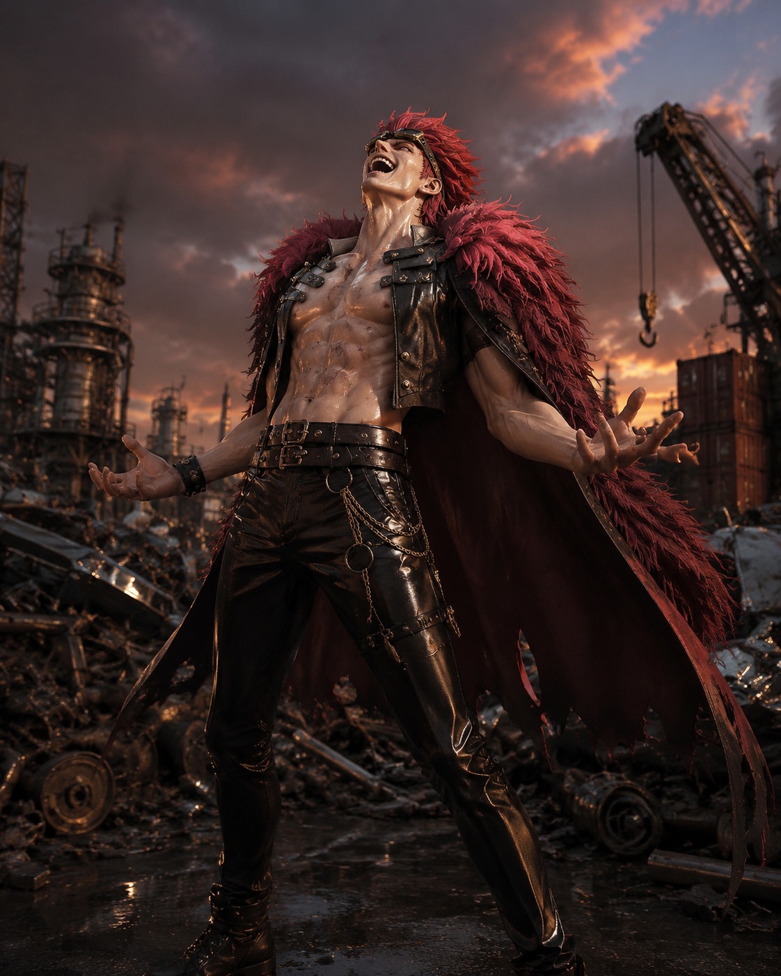Roaring a defiant challenge at the sky In a cluttered industrial scrap yard at dusk (futuristic 3D render with hyper-realistic metal textures)