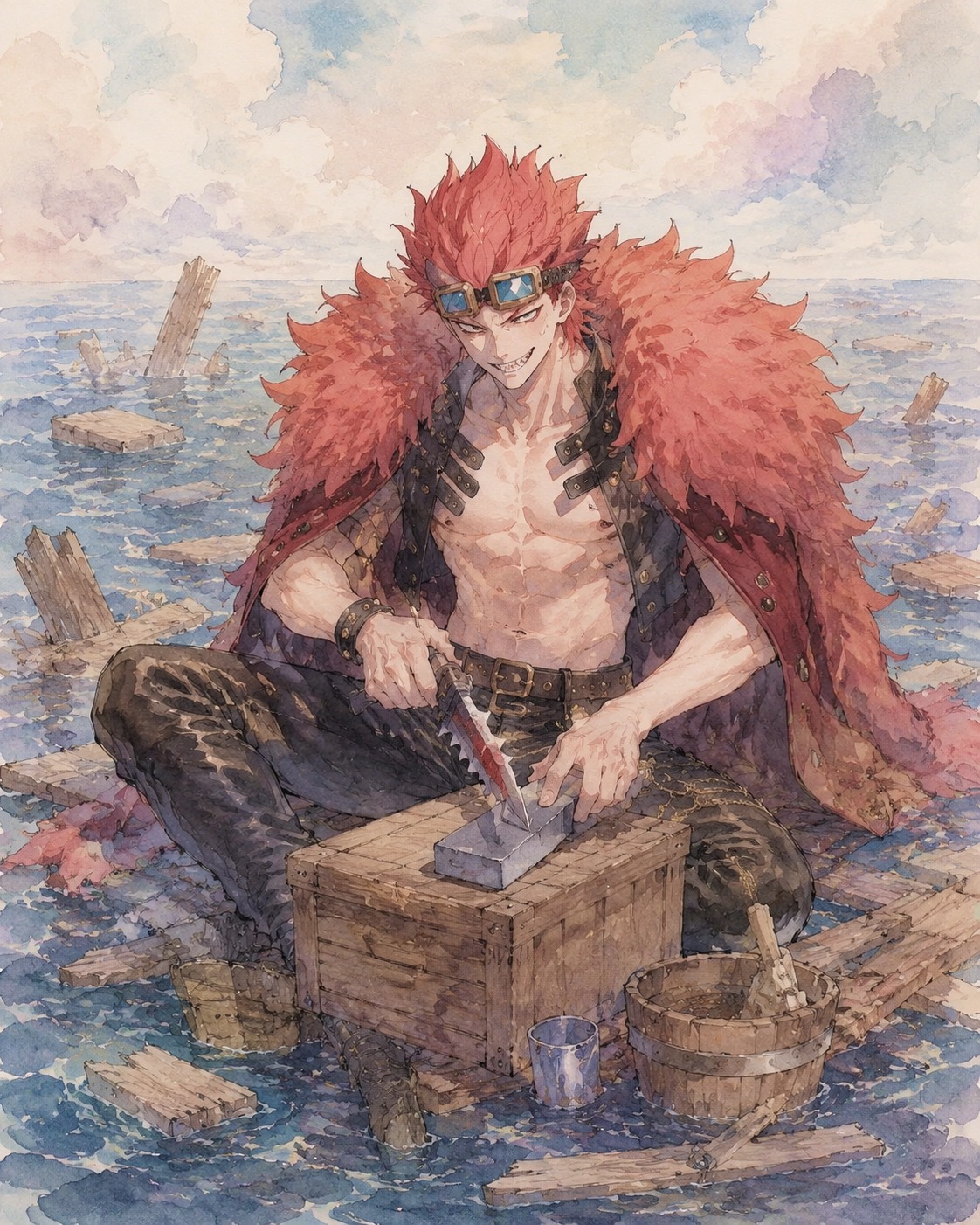 Sharpening a jagged combat knife with a whetstone On a floating debris field in the open ocean (soft watercolor illustration in pastel tones)