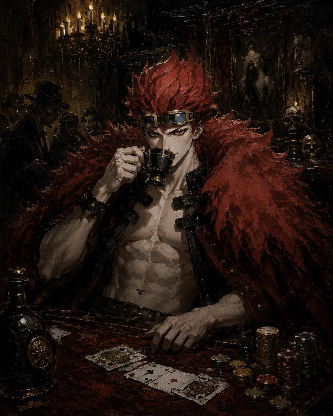 Sipping a bitter cup of black coffee In a high-stakes underground gambling den (dark gothic oil painting with heavy brushstrokes)