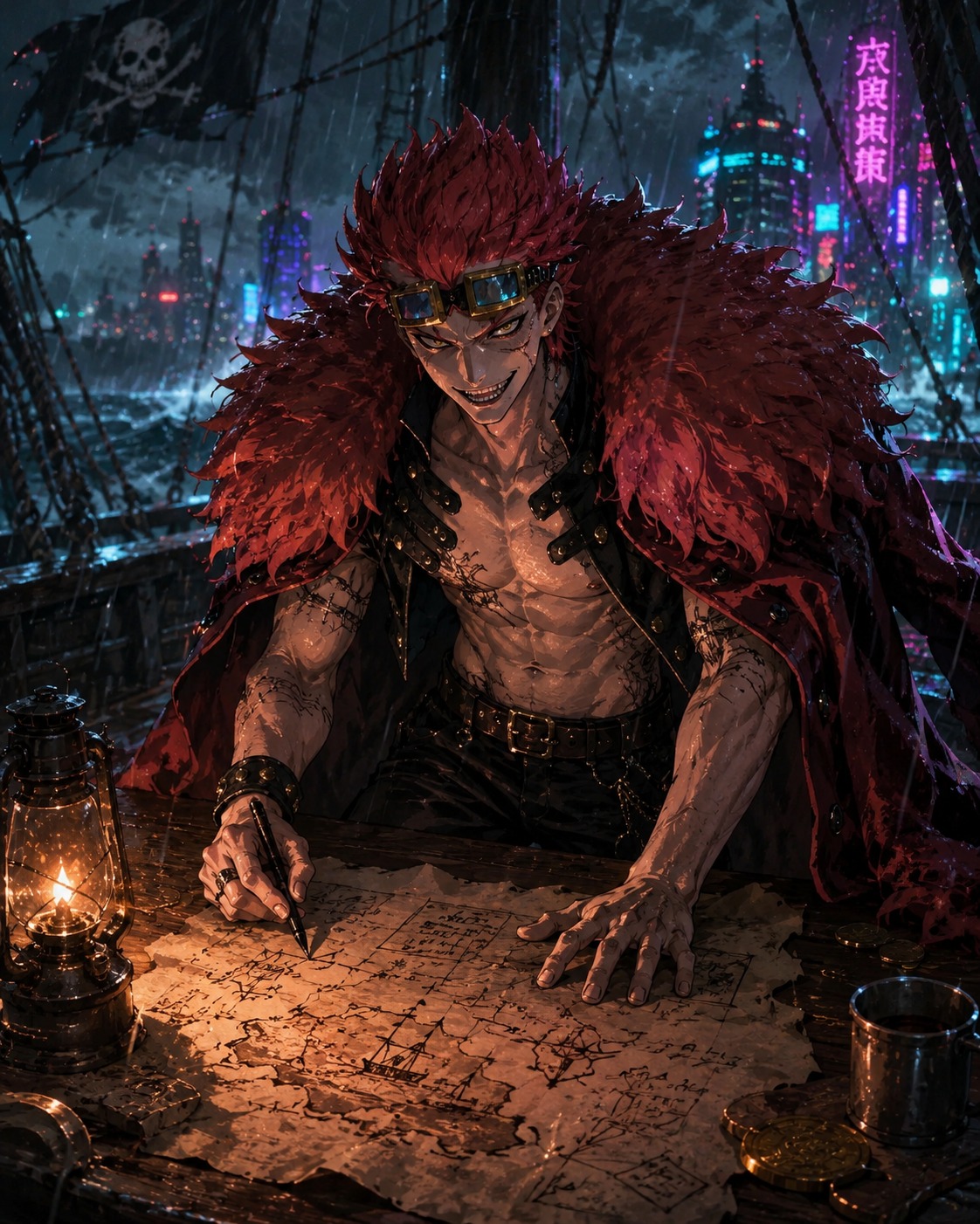 Sketching a crude battle plan on a map On the deck of a storm-tossed pirate ship (gritty cyberpunk aesthetic with neon highlights)