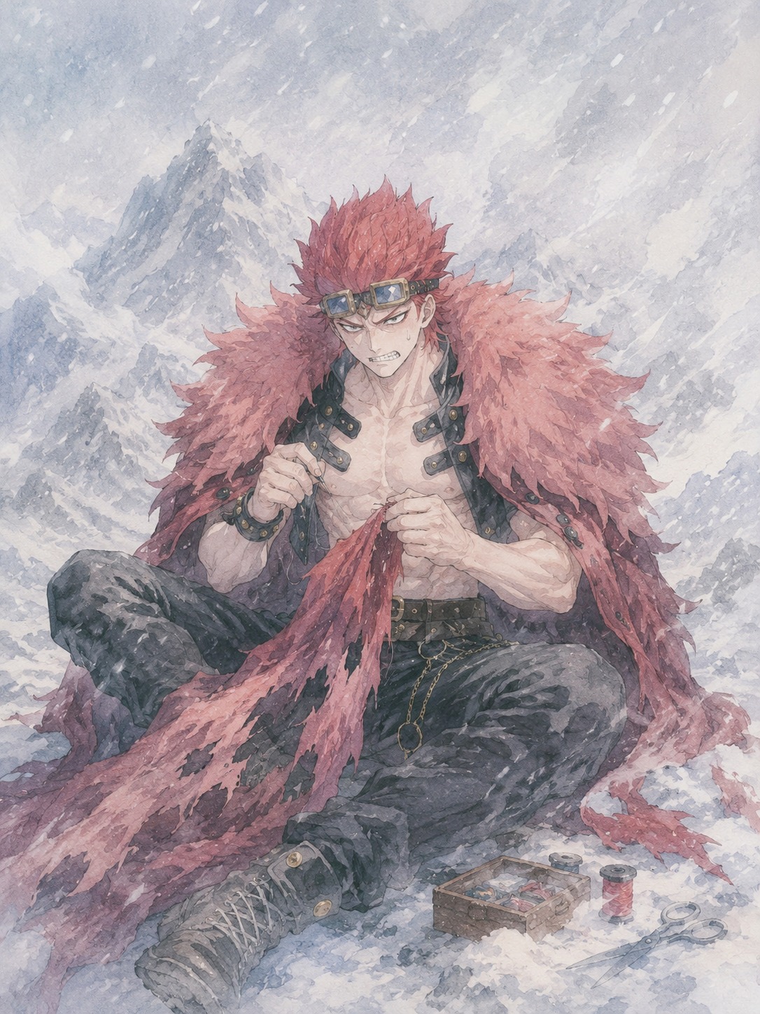 Struggling to sew a rip in his cape On a snowy mountain peak during a blizzard (soft watercolor illustration in pastel tones)