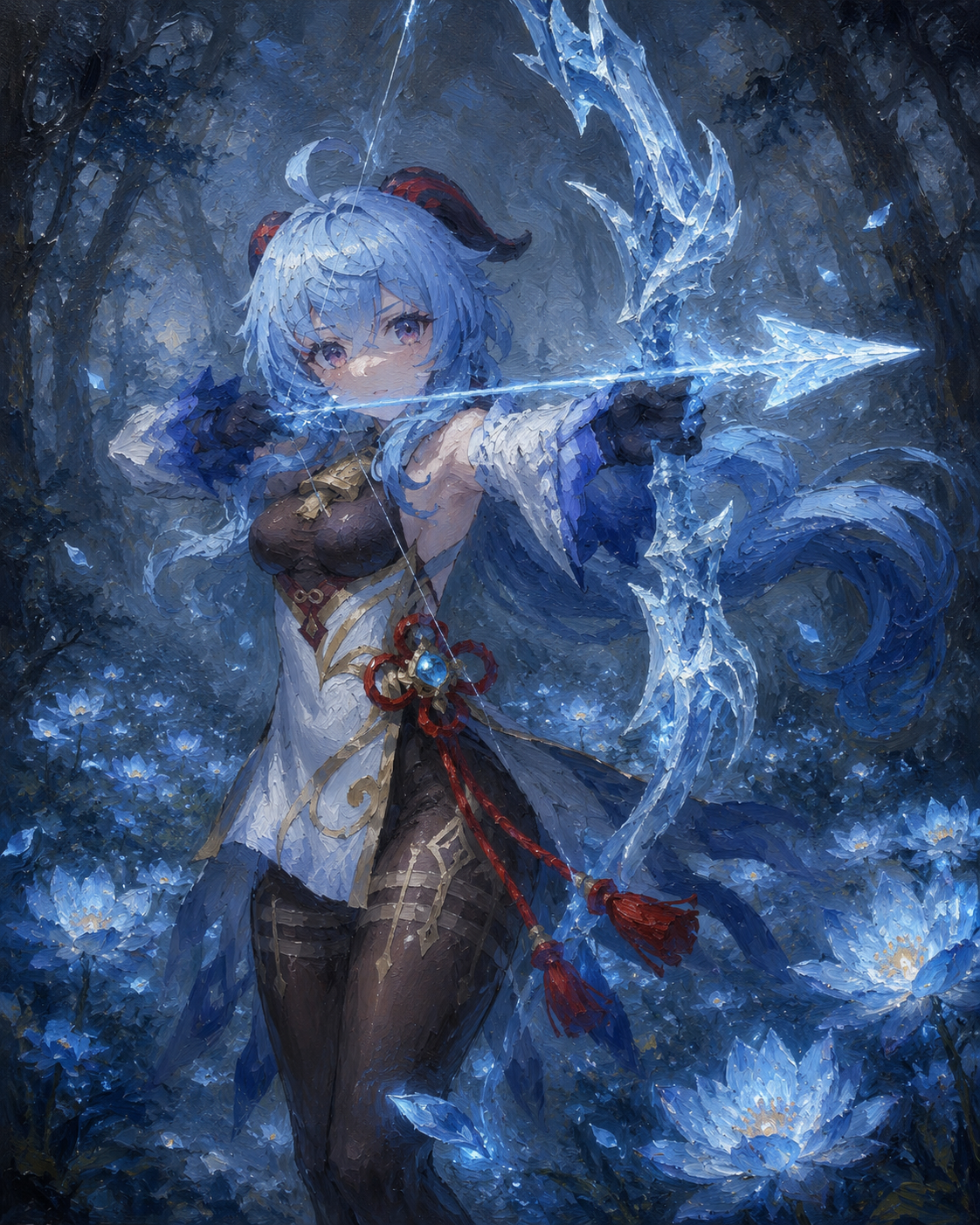 Aiming a glowing cryo bow with precision In a mist-covered forest filled with glowing lilies (detailed oil painting with thick brushstrokes)