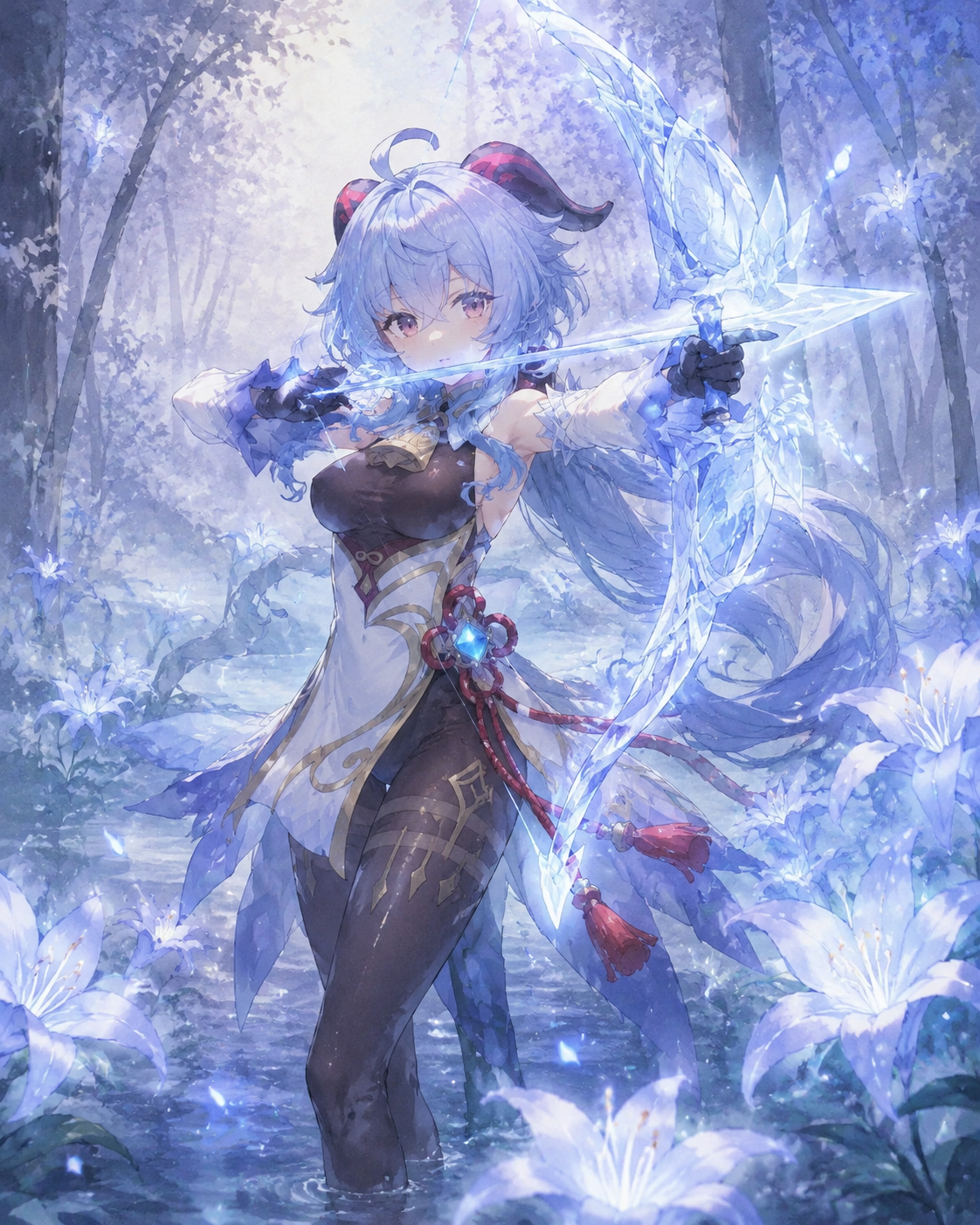 Aiming a glowing cryo bow with precision In a mist-covered forest filled with glowing lilies (soft watercolor anime with ethereal lighting)