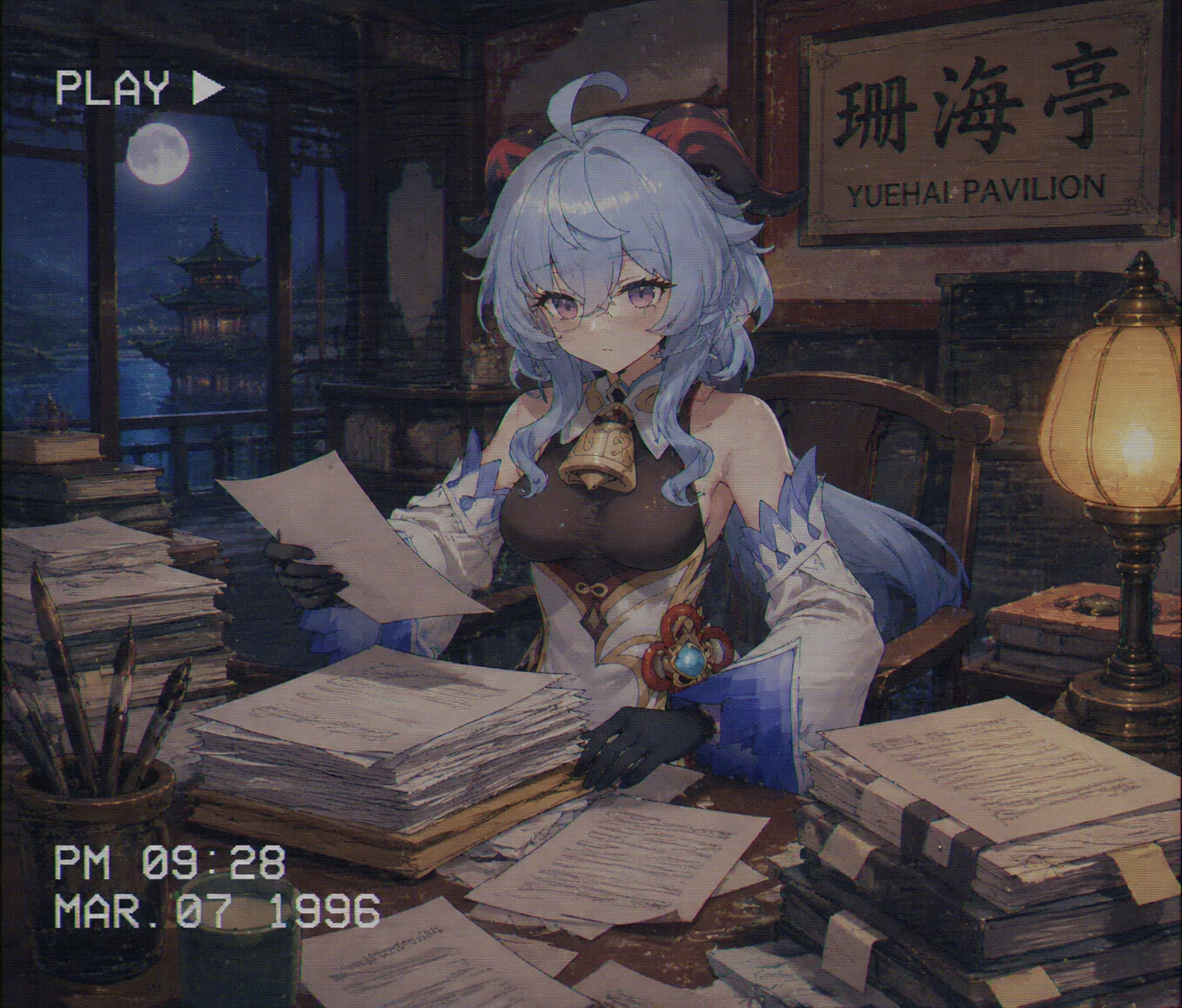Arranging documents into neat organized piles at a cluttered desk in Yuehai Pavilion (retro 90s aesthetic with grainy VHS texture)