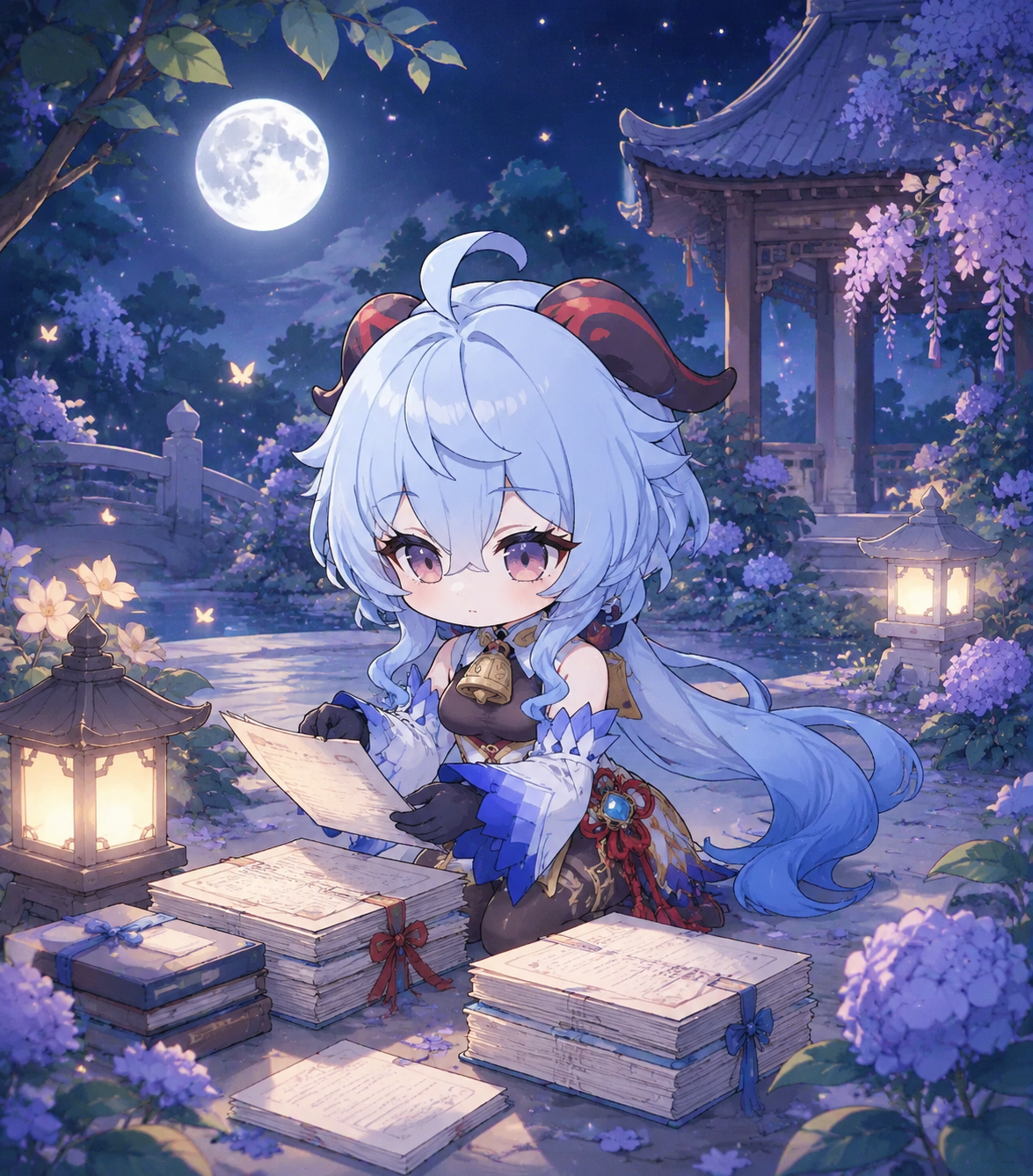 Arranging documents into neat organized piles In a quiet garden under the moonlight (chibi style with soft pastel colors)