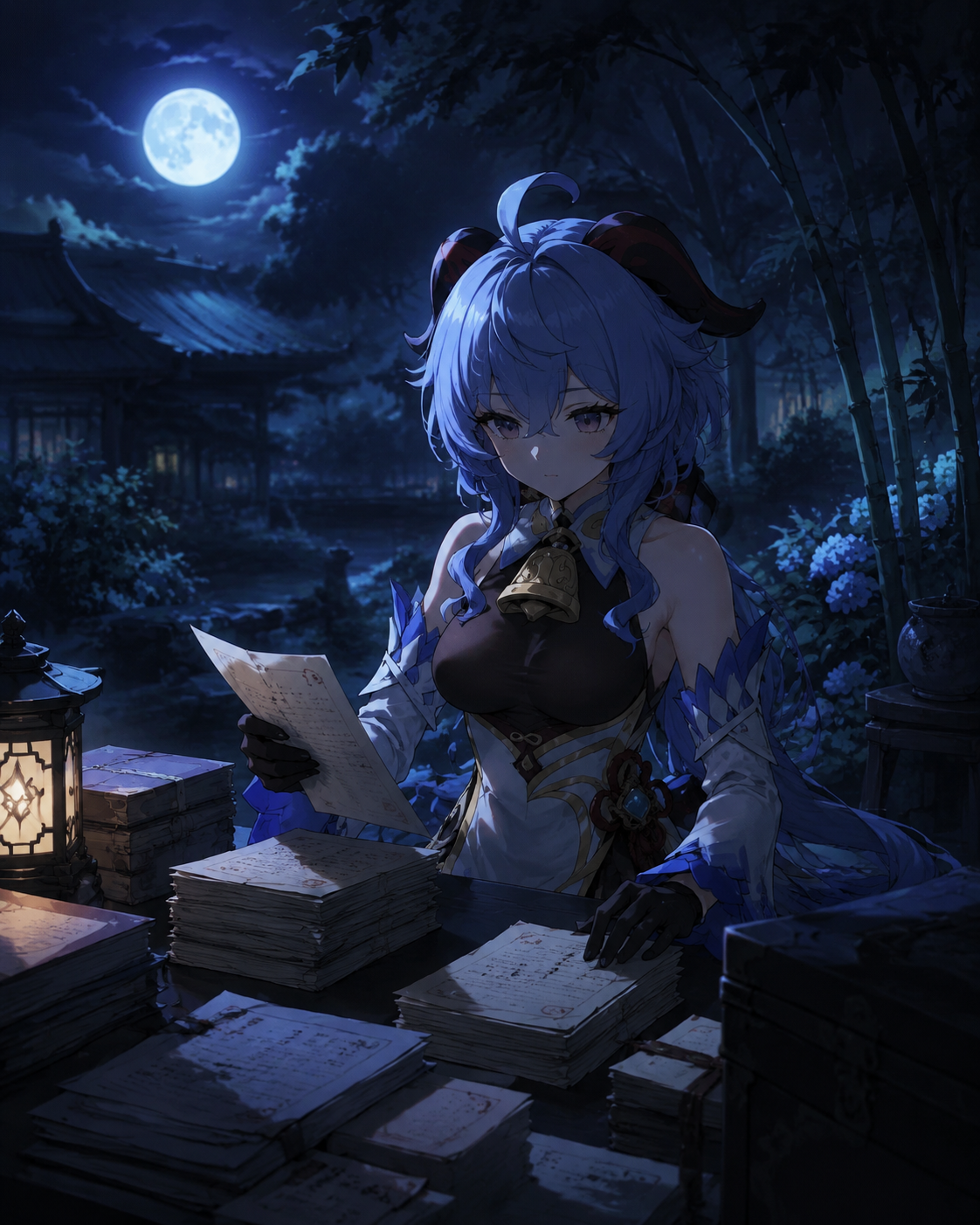 Arranging documents into neat organized piles In a quiet garden under the moonlight (dark cinematic noir with dramatic blue shadows)