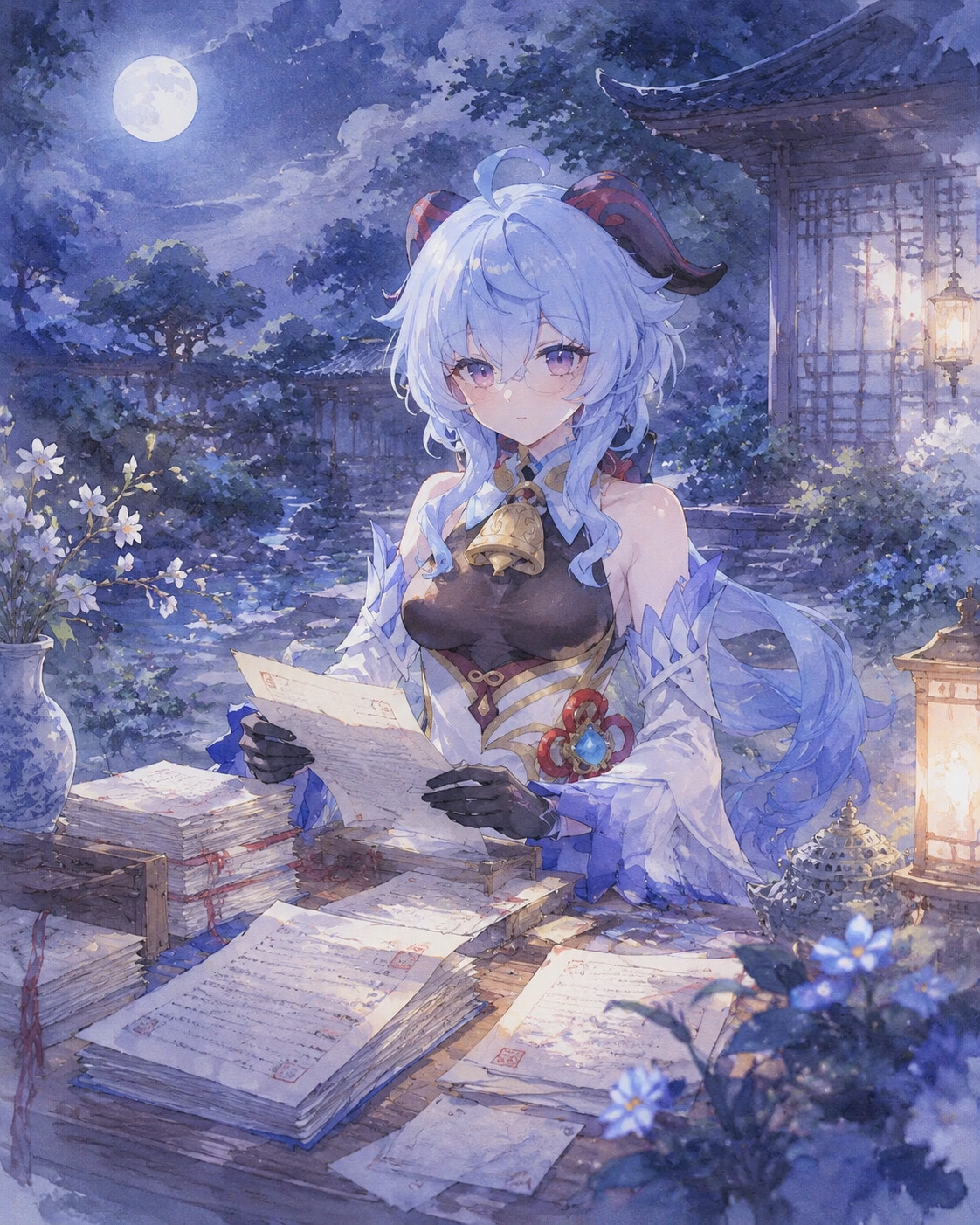 Arranging documents into neat organized piles in a quiet garden under the moonlight (soft watercolor anime with ethereal lighting)