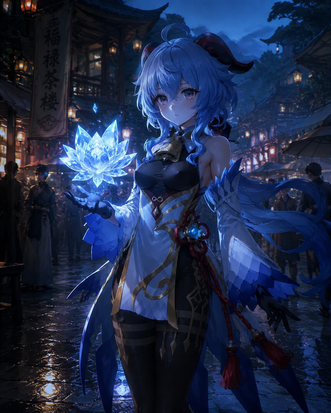 Conjuring a crystalline ice lotus at a bustling Liyue street market at dusk (dark cinematic noir with dramatic blue shadows)