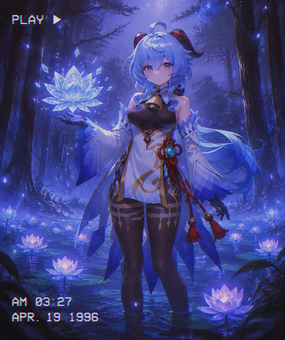 Conjuring a crystalline ice lotus in a mist-covered forest filled with glowing lilies (retro 90s aesthetic with grainy VHS texture)