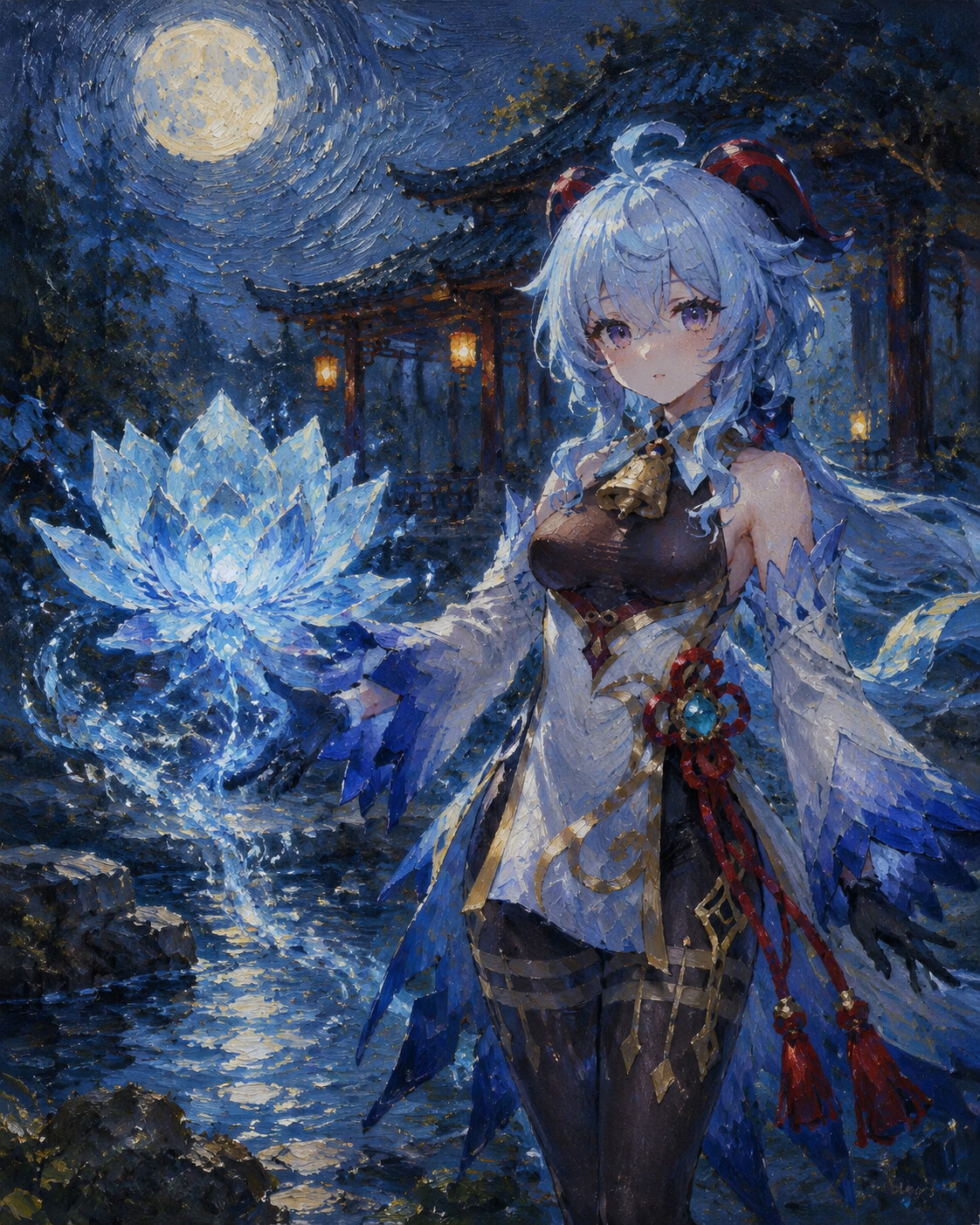 Conjuring a crystalline ice lotus in a quiet garden under the moonlight (detailed oil painting with thick brushstrokes)