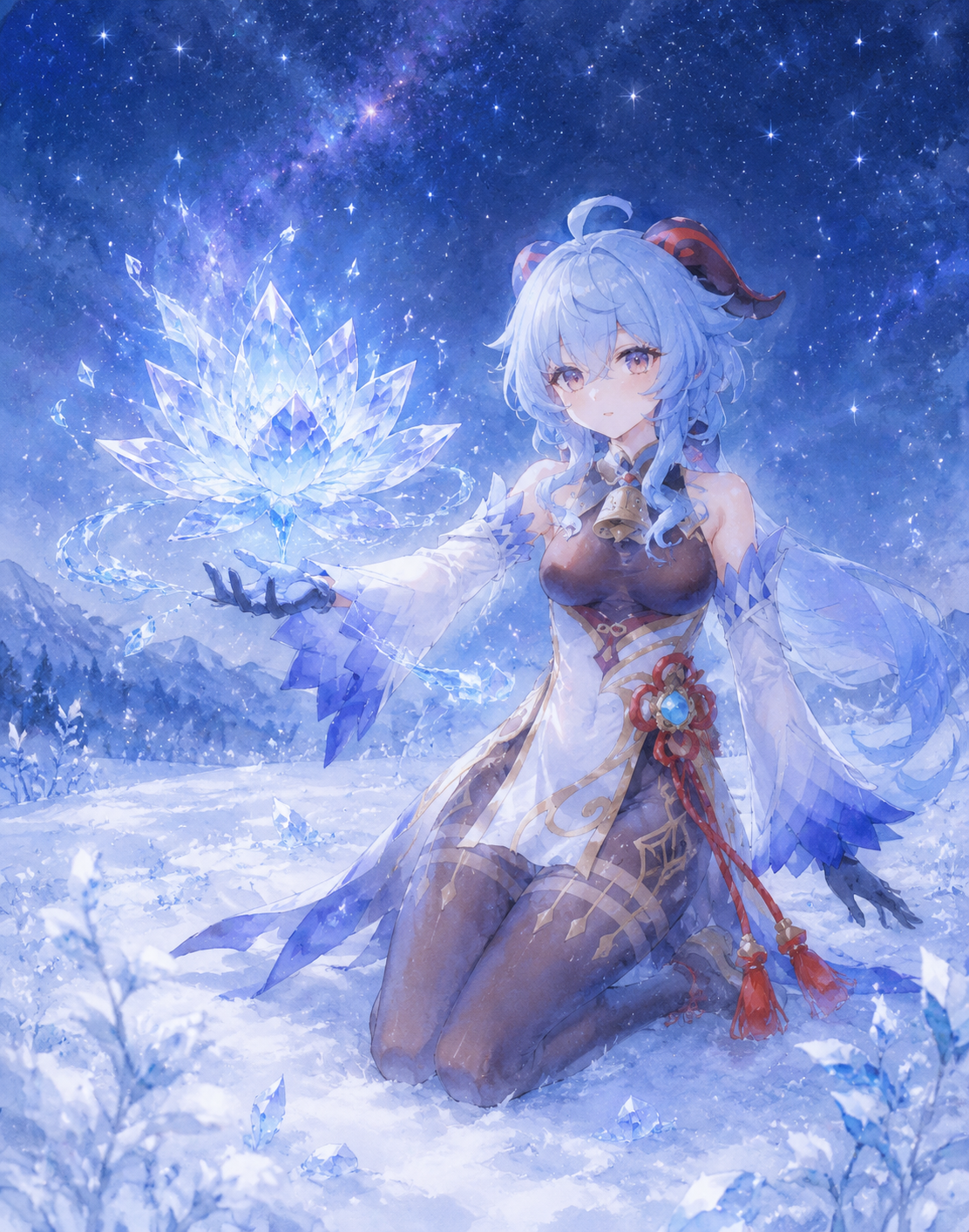 Conjuring a crystalline ice lotus In a snowy field under a starlit sky (soft watercolor anime with ethereal lighting)