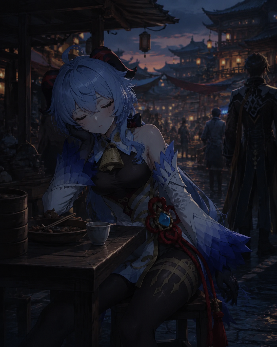 Dozing off during a short lunch break At a bustling Liyue street market at dusk (dark cinematic noir with dramatic blue shadows)