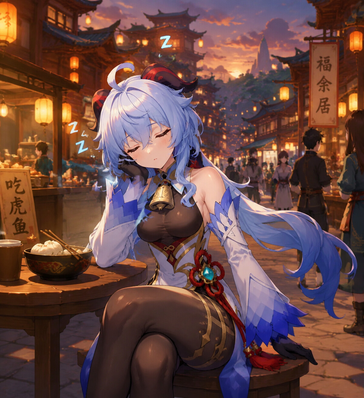 Dozing off during a short lunch break at a bustling Liyue street market at dusk (vibrant cel-shaded game art style)