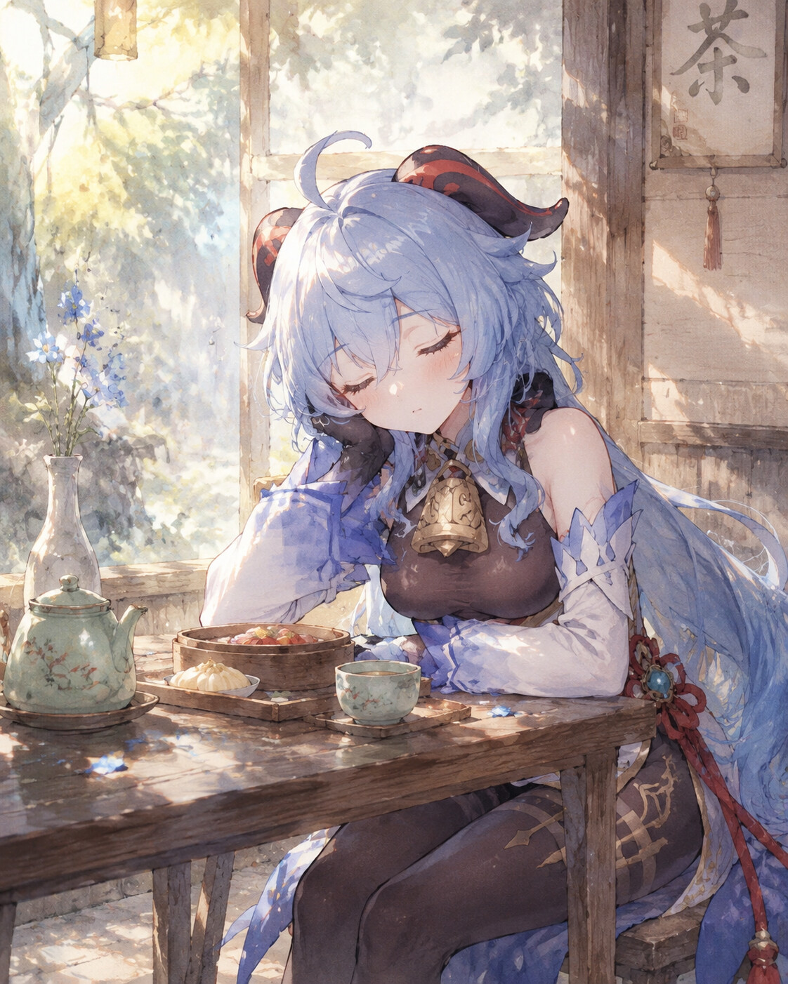Dozing off during a short lunch break at a small wooden table in a tea house (soft watercolor anime with ethereal lighting)
