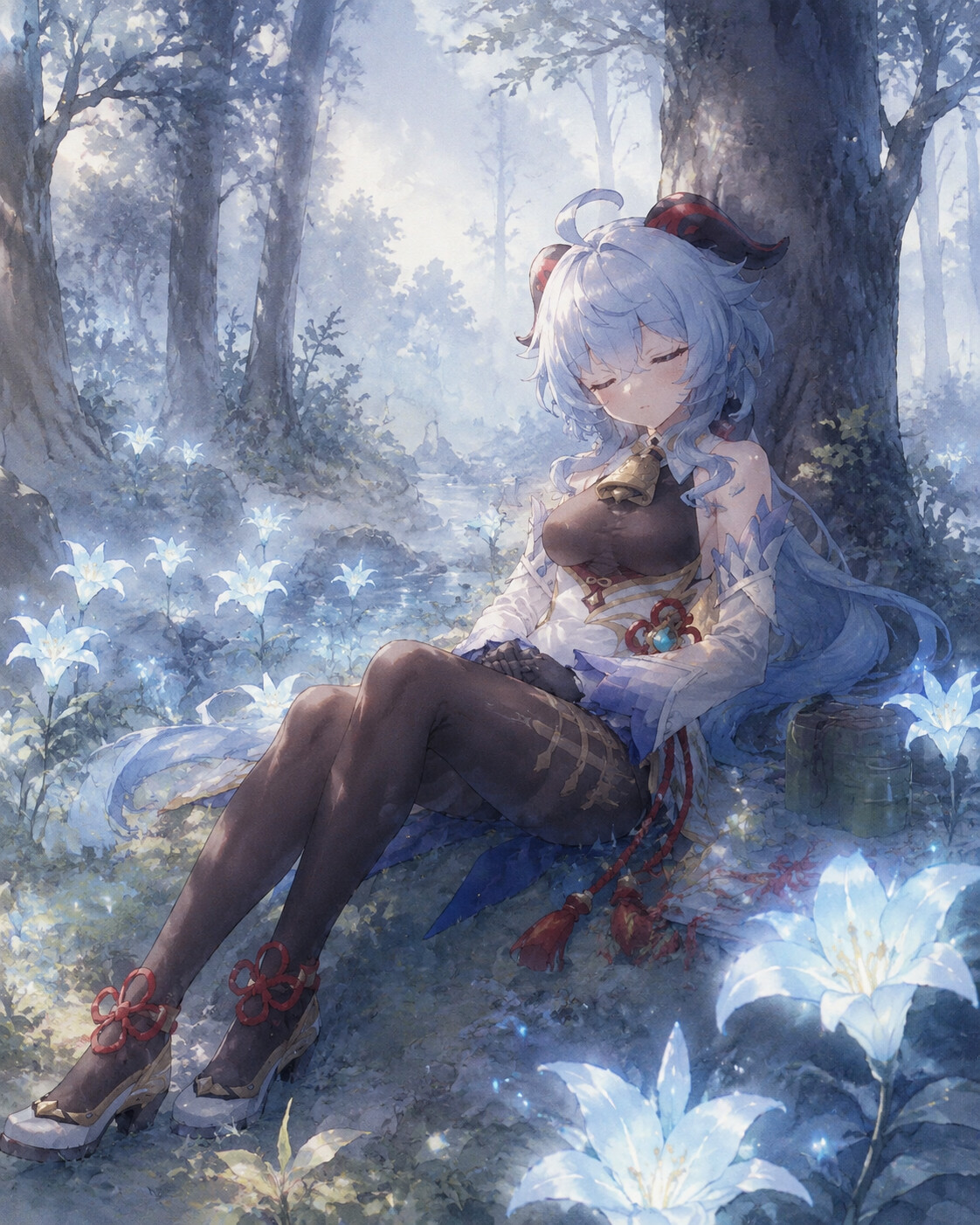 Dozing off during a short lunch break in a mist-covered forest filled with glowing lilies (soft watercolor anime with ethereal lighting)