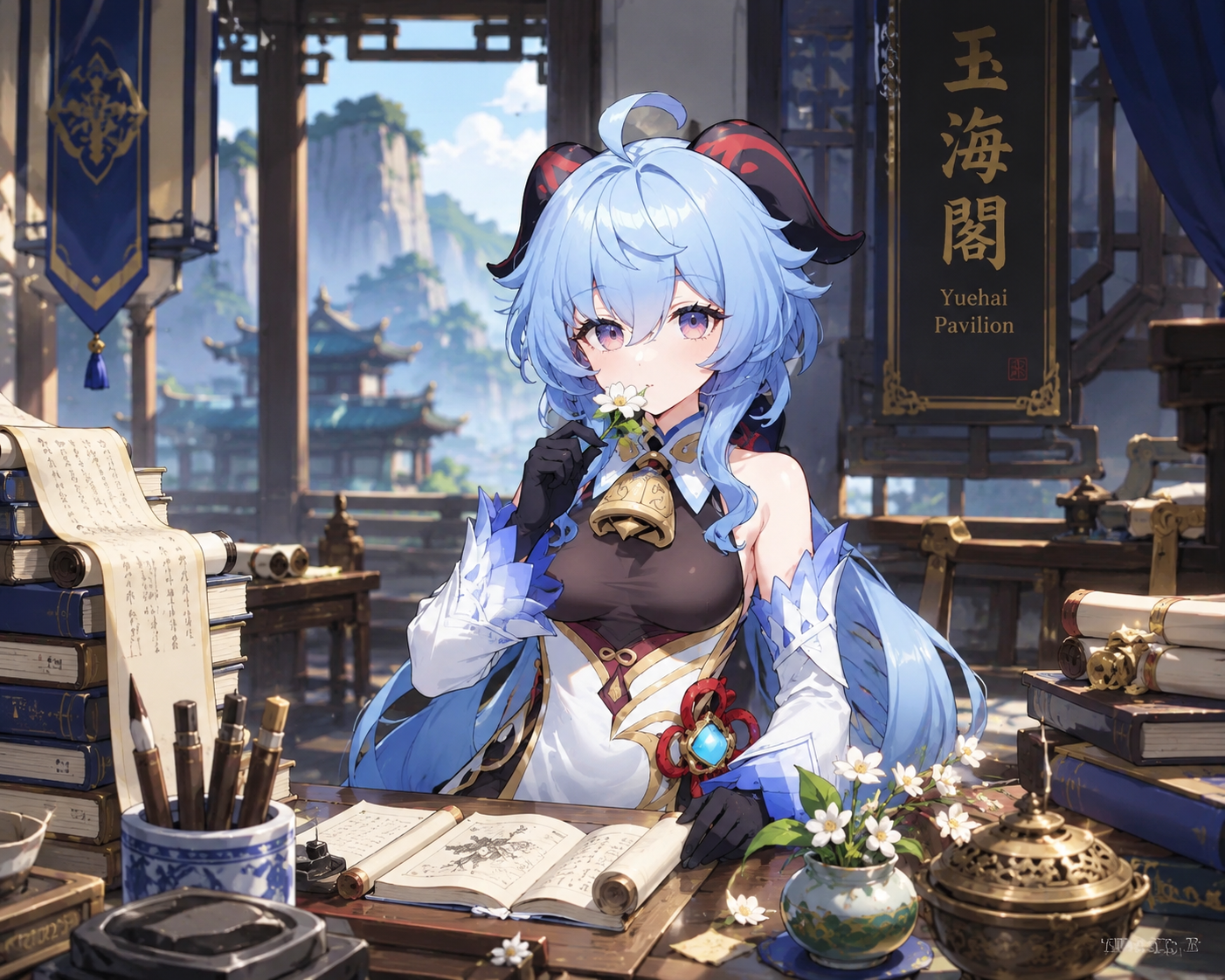 Nibbling on a fresh qingxin flower At a cluttered desk in Yuehai Pavilion (vibrant cel-shaded game art style)