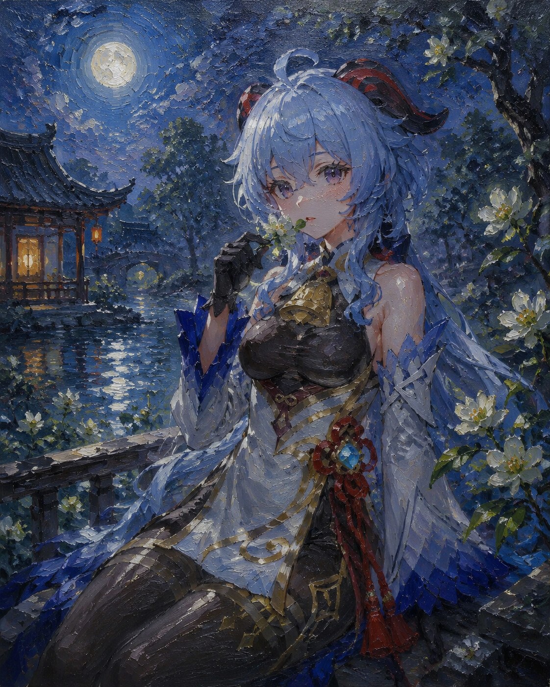 Nibbling on a fresh Qingxin flower in a quiet garden under the moonlight (detailed oil painting with thick brushstrokes)