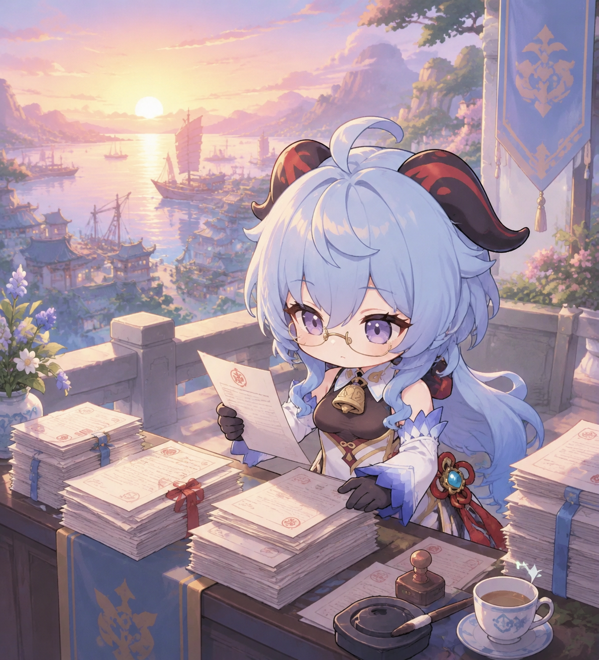Sorting through stacks of official paperwork On a balcony overlooking the harbor at sunrise (chibi style with soft pastel colors)