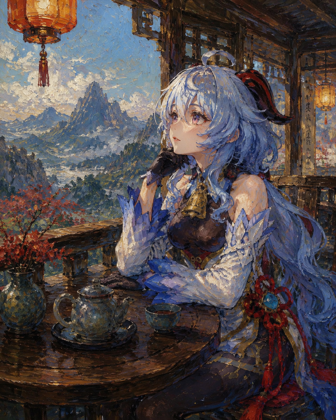 Staring wistfully at the distant horizon At a small wooden table in a tea house (detailed oil painting with thick brushstrokes)